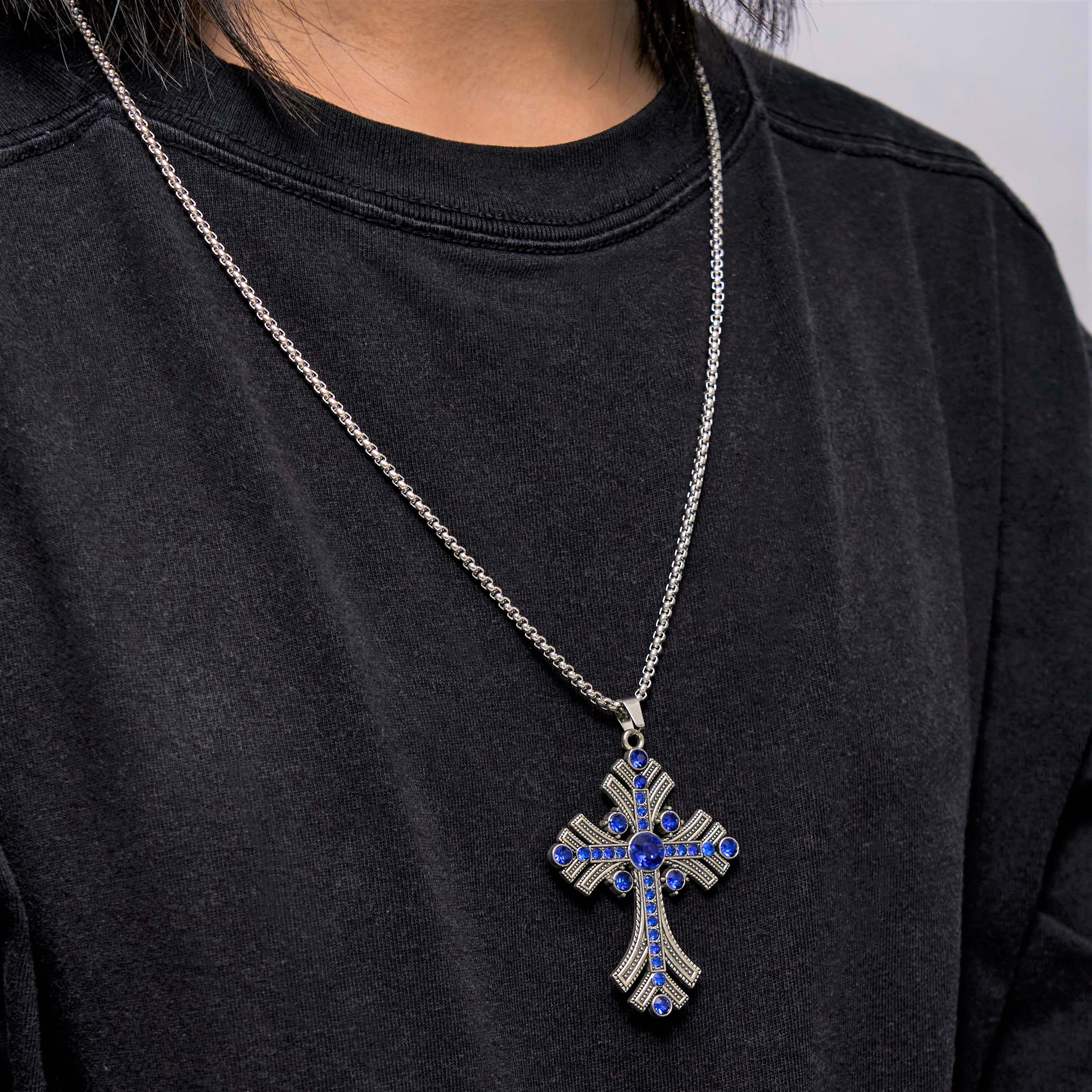 Christiandiscipleshop Retro Bohemian Style Blue Gemstones Cross Pendant Necklace