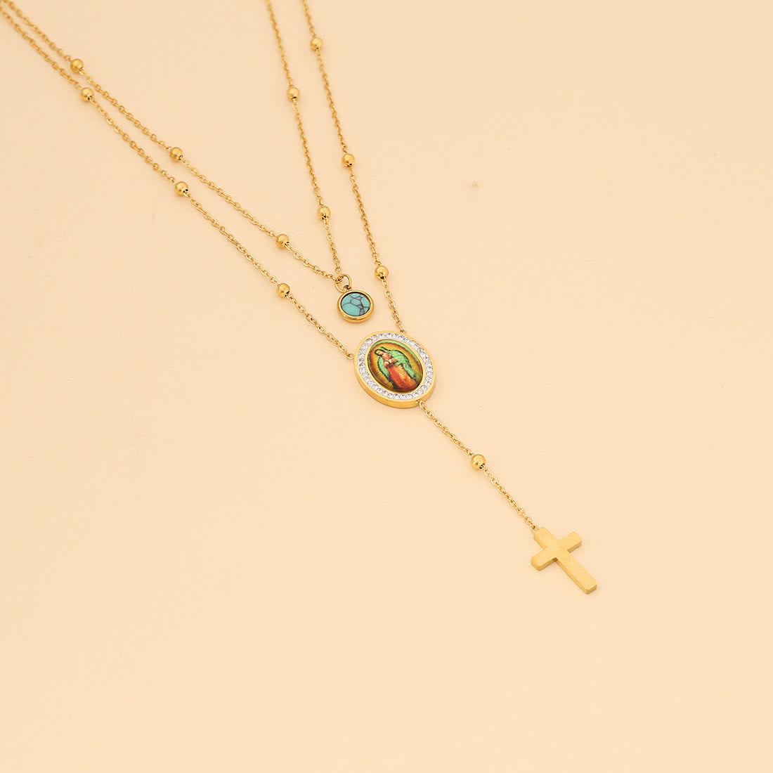 christiandiscipleshop Minimalist Style Double Layered Our Lady of Guadalupe Turquoise Cross Necklace