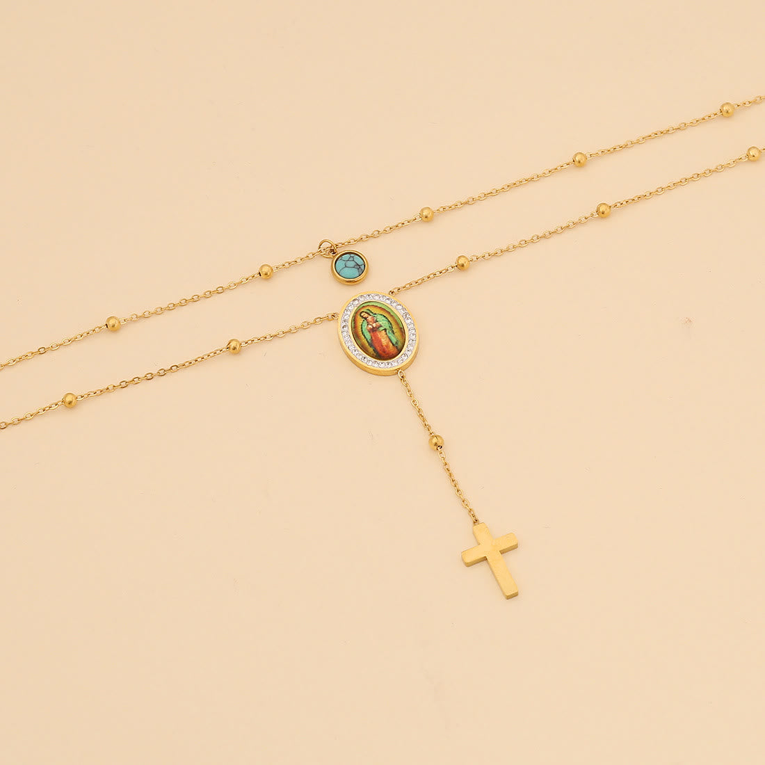 christiandiscipleshop Minimalist Style Double Layered Our Lady of Guadalupe Turquoise Cross Necklace
