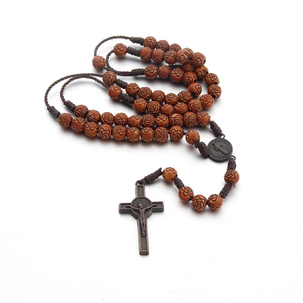 Christiandiscipleshop St. Benedict Medal & Crucifix of 8 mm Rose Brown Acrylic Nylon Cord Rosary