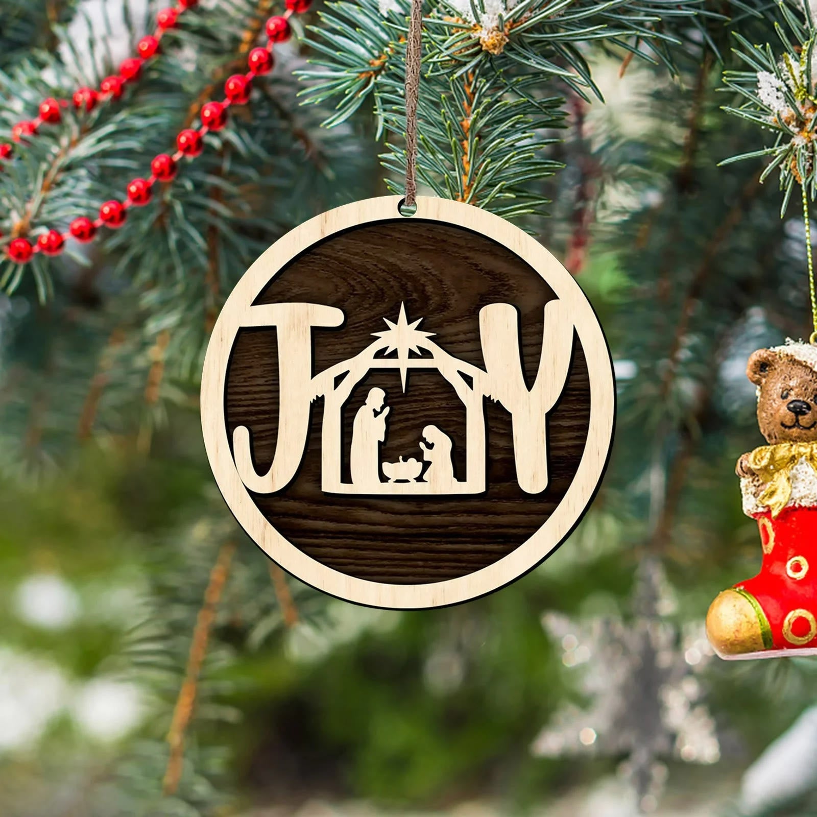 christiandiscipleshop Minimalist Style Wooden Nativity Scene Joy Pendant Christmas Nativity Hanging Ornaments