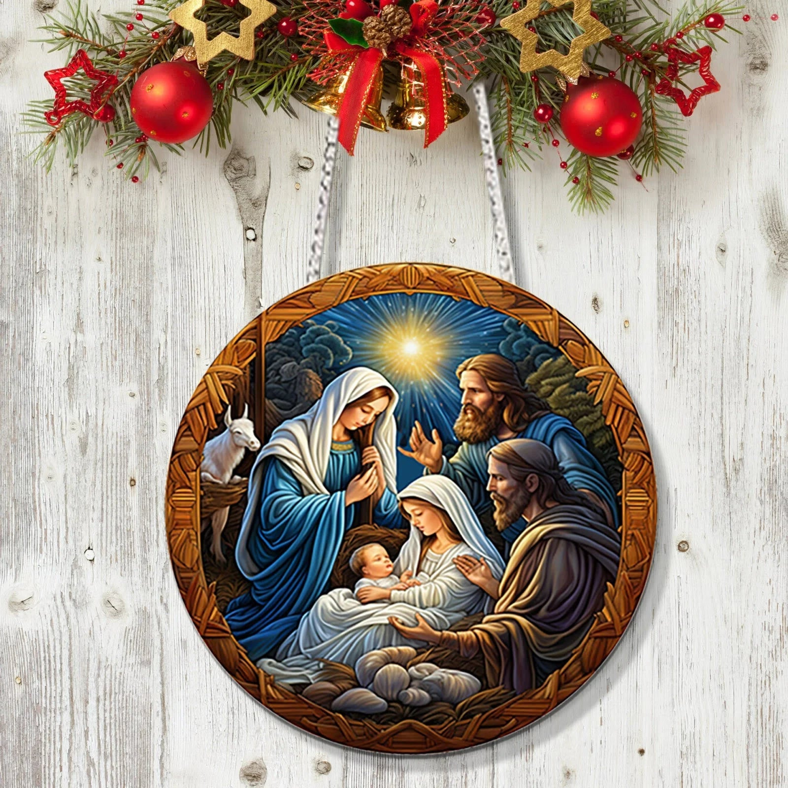 Christianartworkshop Classic Colored Style Jesus Nativity Scene Acrylic Pendant Christmas Nativity Hanging Ornaments