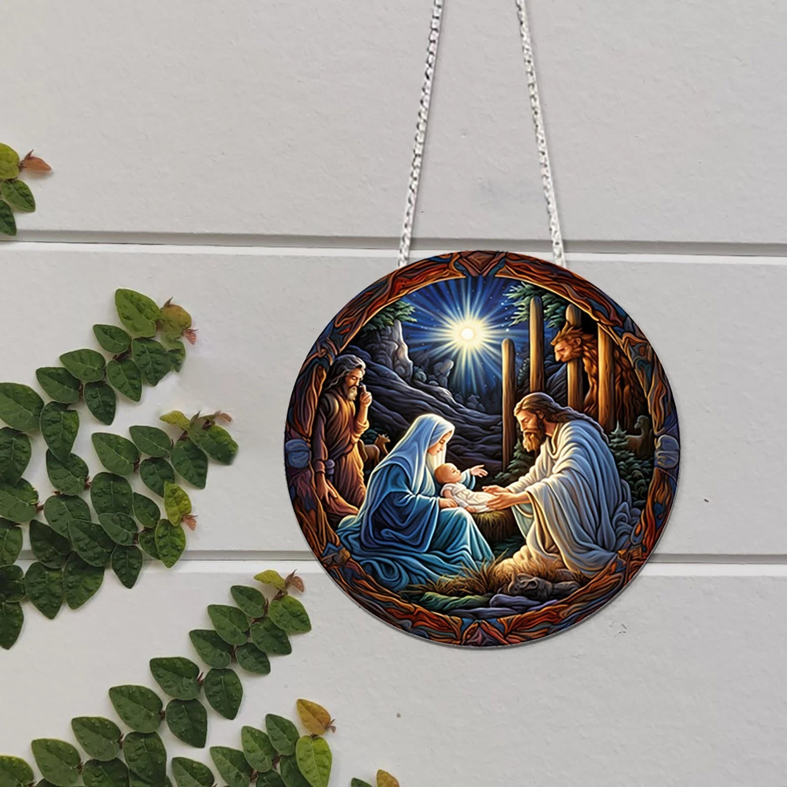 Christianartworkshop Classic Colored Style Blessed Nativity Scene Acrylic Pendant Christmas Nativity Hanging Ornaments