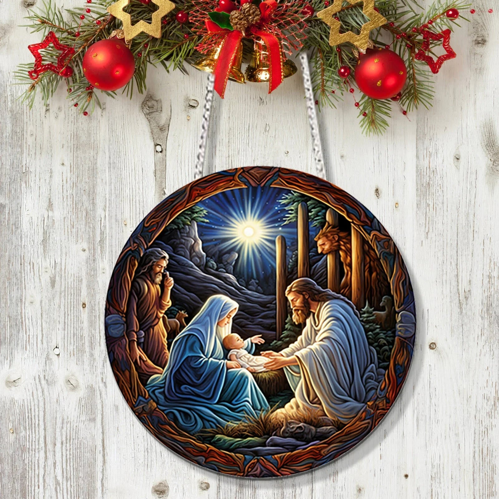 Christianartworkshop Classic Colored Style Blessed Nativity Scene Acrylic Pendant Christmas Nativity Hanging Ornaments