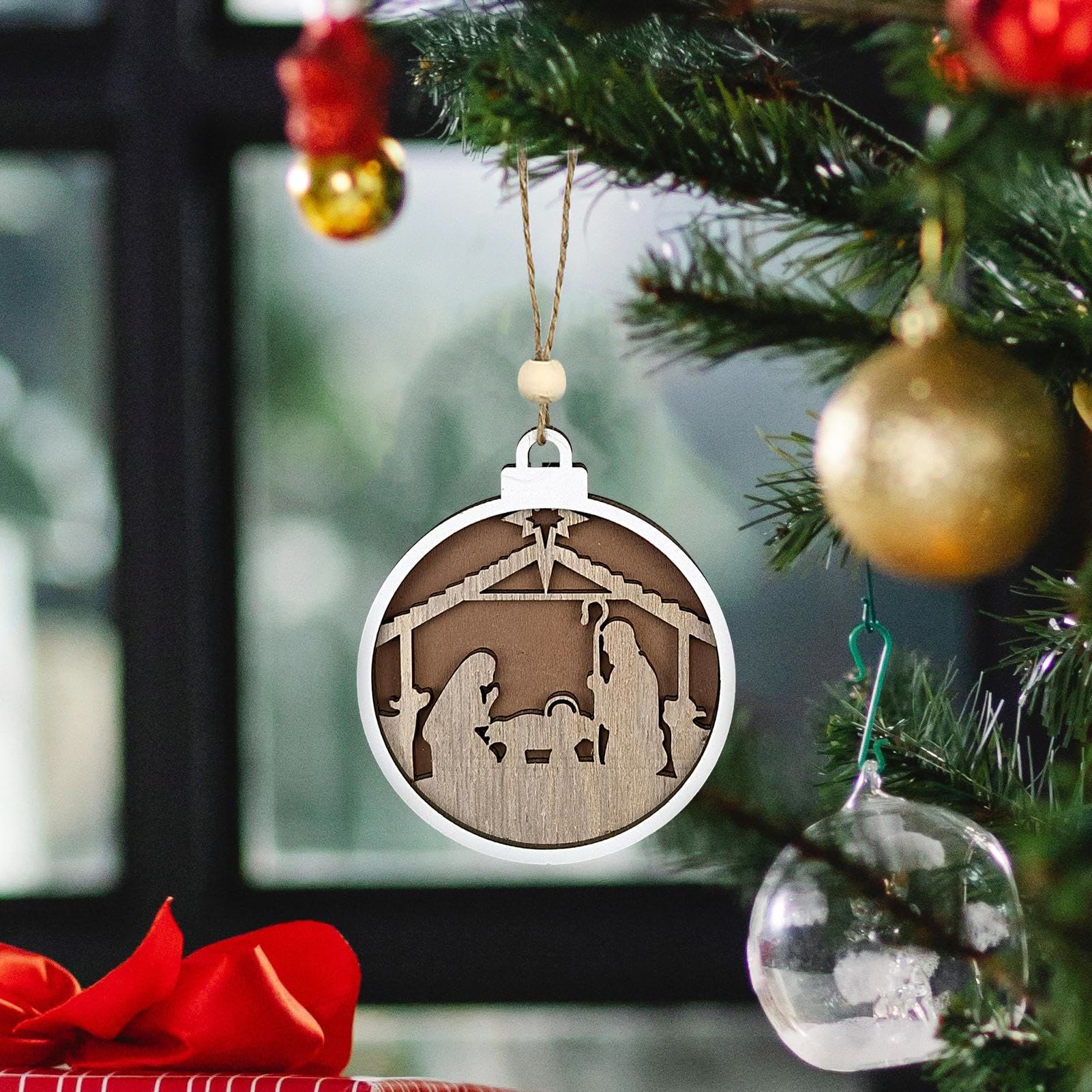 christiandiscipleshop Minimalist Style Layered Wooden Jesus Nativity Scene Pendant Christmas Nativity Hanging Ornaments