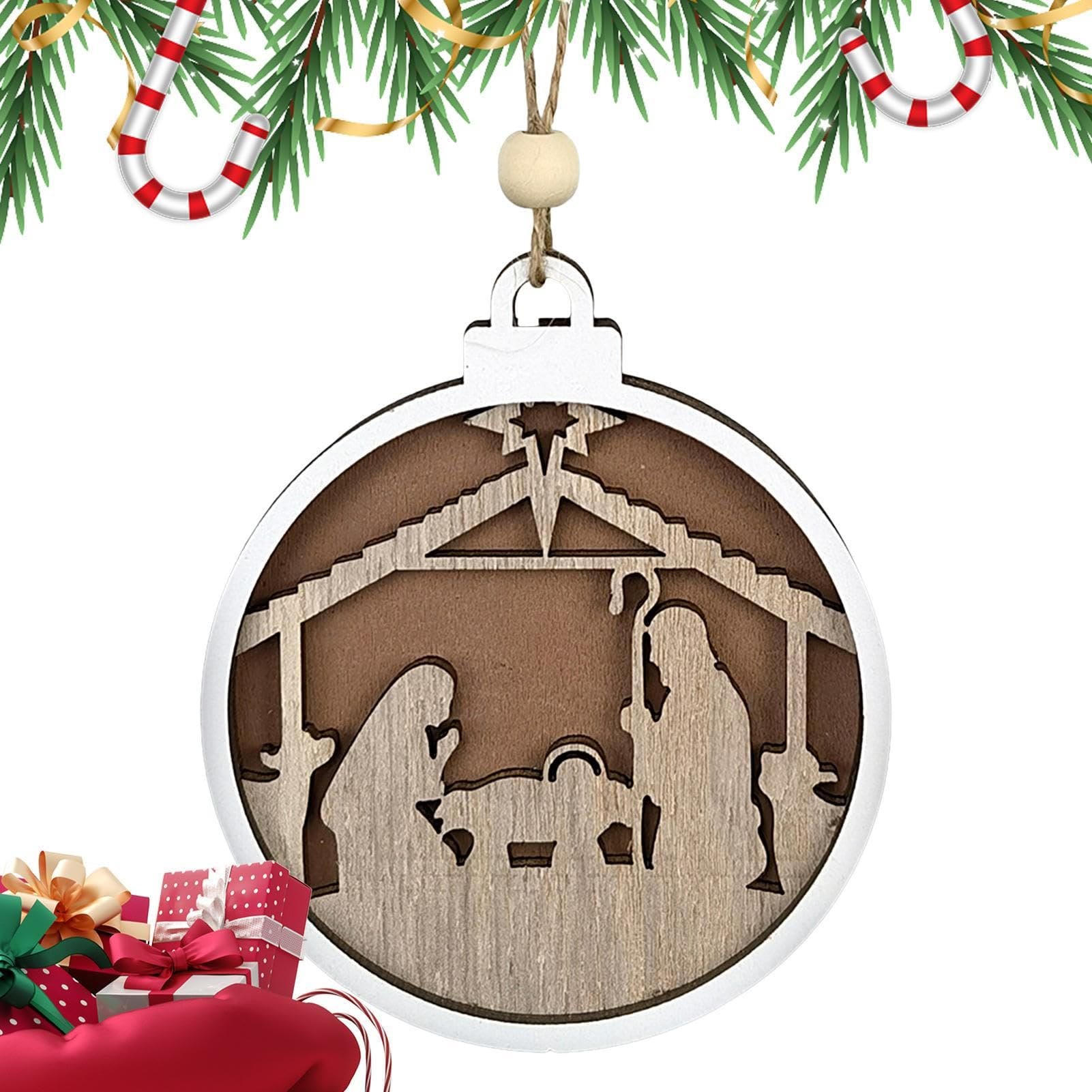 christiandiscipleshop Minimalist Style Layered Wooden Jesus Nativity Scene Pendant Christmas Nativity Hanging Ornaments