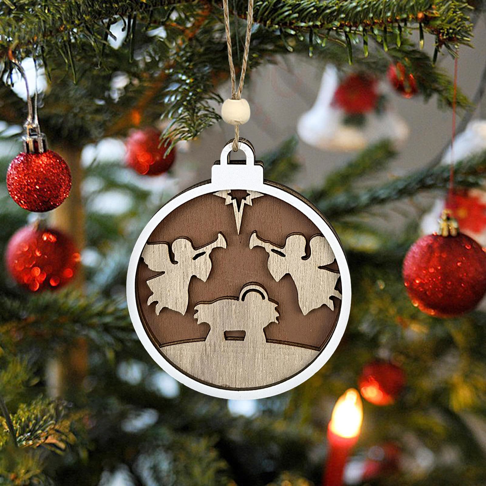 christiandiscipleshop Minimalist Style Layered Wooden Angelic Figures Nativity Scene Pendant Christmas Nativity Hanging Ornaments