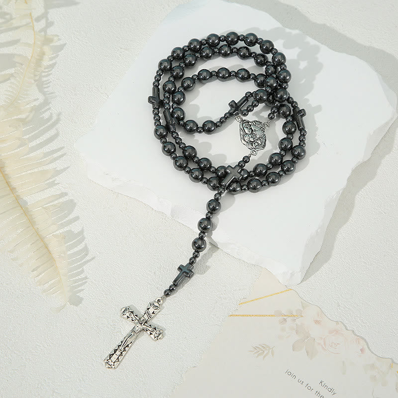 christiandiscipleshop Holy Family & Crucifix of 8 mm Round Black Gallstone Nylon Cord Rosary