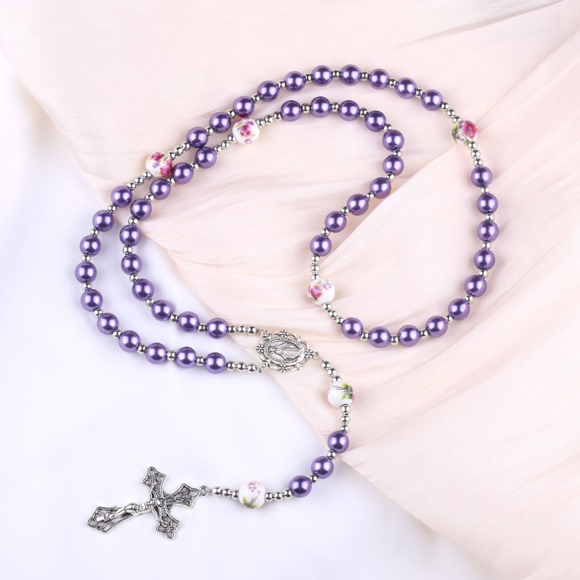 christiandiscipleshop Miraculous Medal & Crucifix of 8 mm Round Multicolor Pearl Nylon Cord Rosary