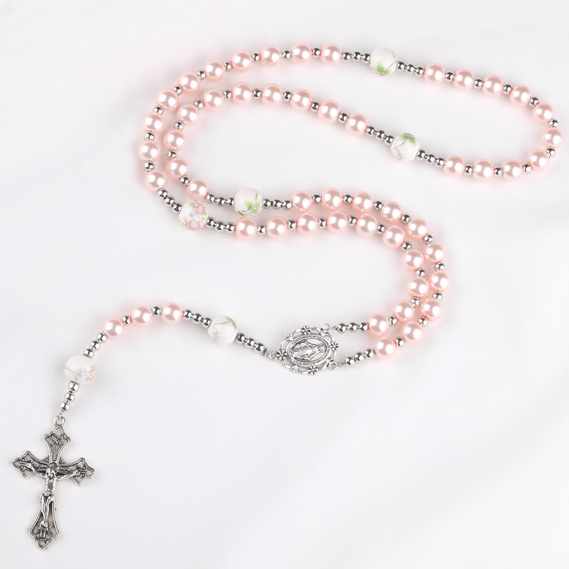 christiandiscipleshop Miraculous Medal & Crucifix of 8 mm Round Multicolor Pearl Nylon Cord Rosary