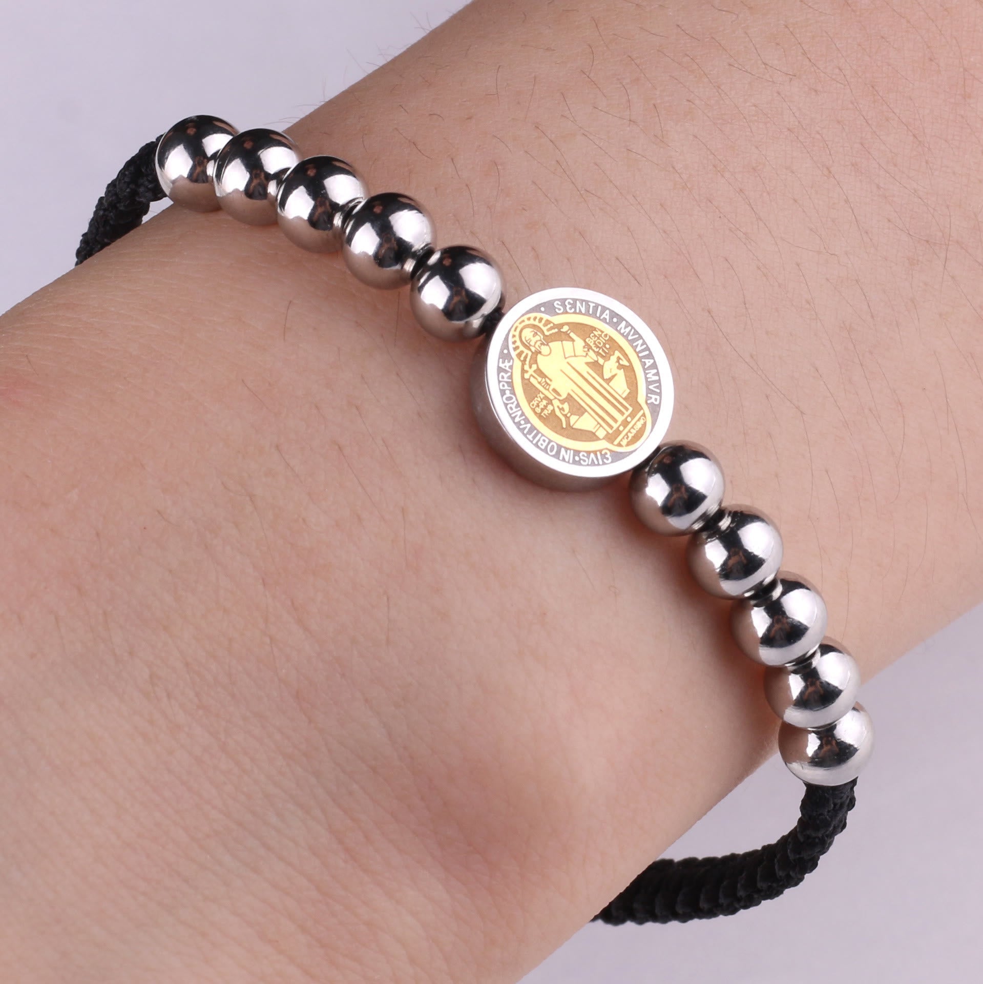 christiandiscipleshop Minimalist Style St. Benedict Medal Stainless Steel Beads Adjustable Nylon Cord Bracelet