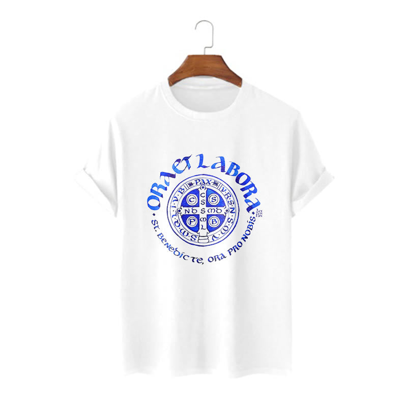 Christiandiscipleshop Classic Style Ora et Labora Saint Benedict Medal Short Sleeve Washed T-shirt