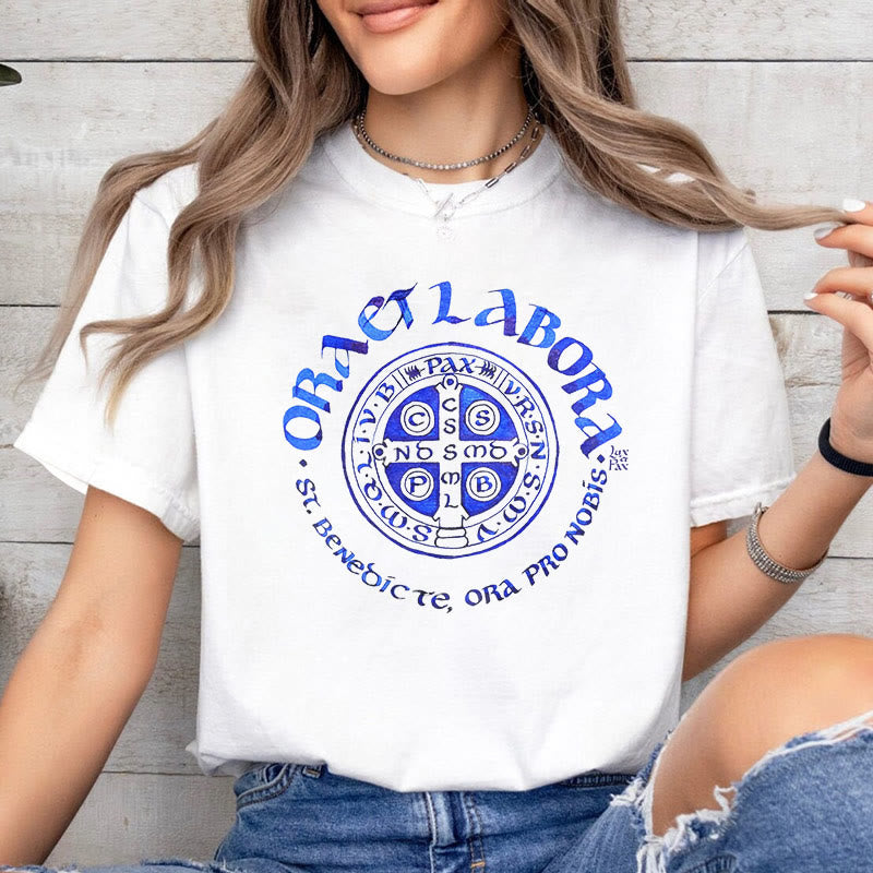 Christiandiscipleshop Classic Style Ora et Labora Saint Benedict Medal Short Sleeve Washed T-shirt