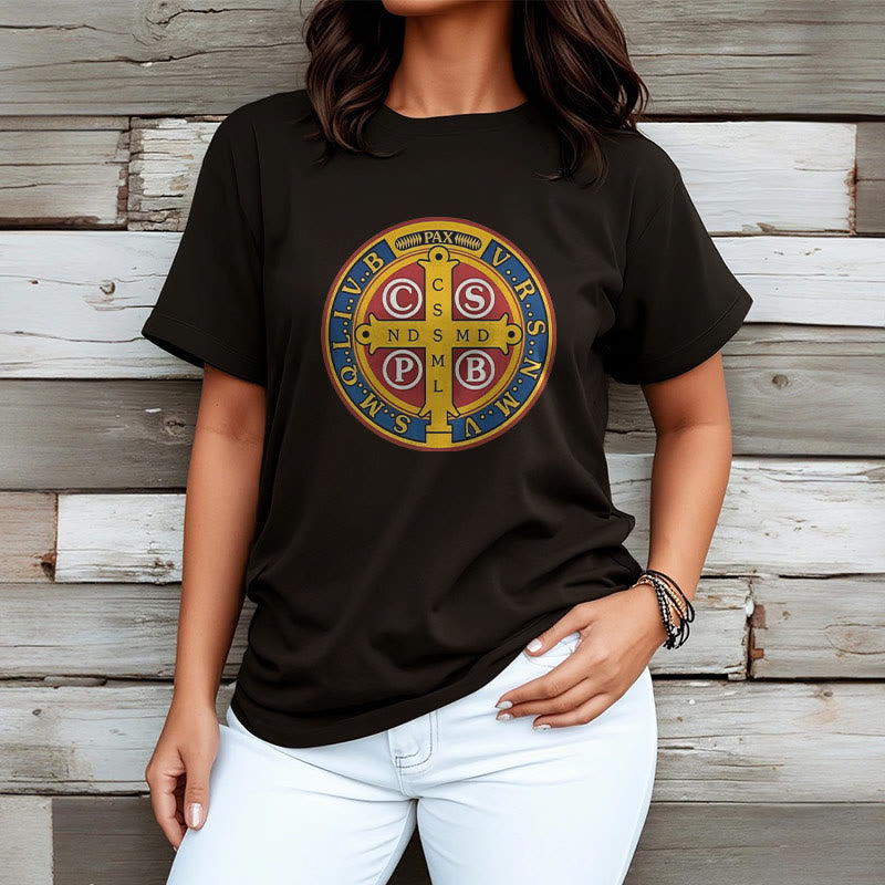 Christiandiscipleshop Classic Style Golden St. Benedict Medal Short Sleeve Washed T-shirt