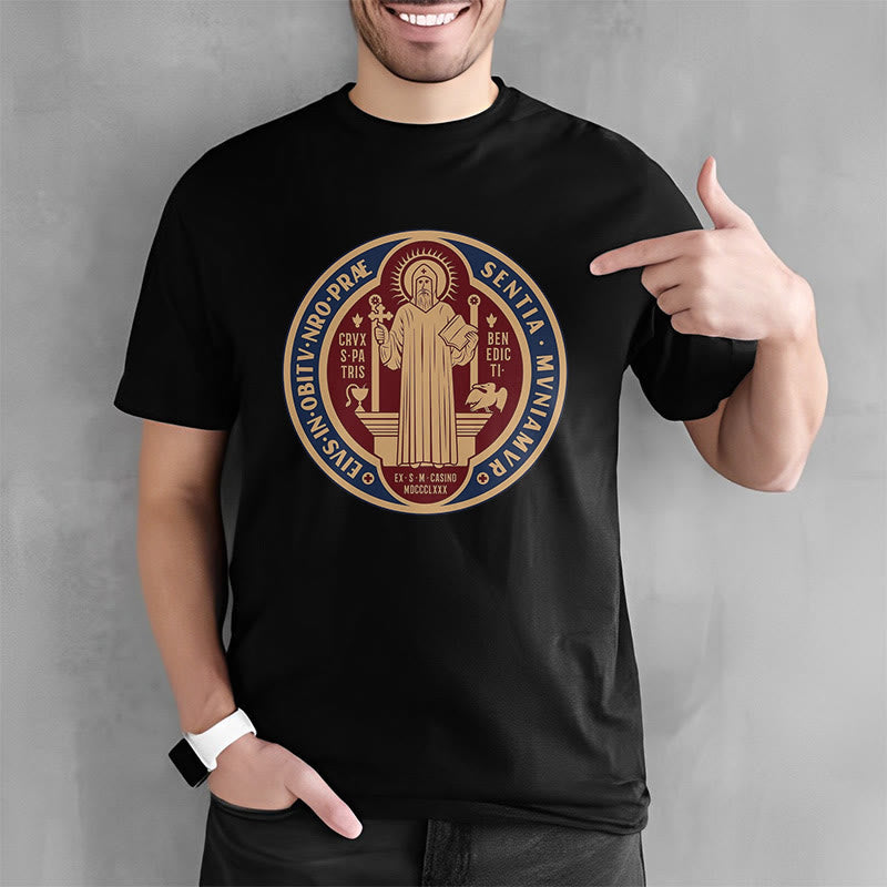 Christiandiscipleshop Classic Style Iconic Saint Benedict Medal Blessing Short Sleeve Washed T-shirt