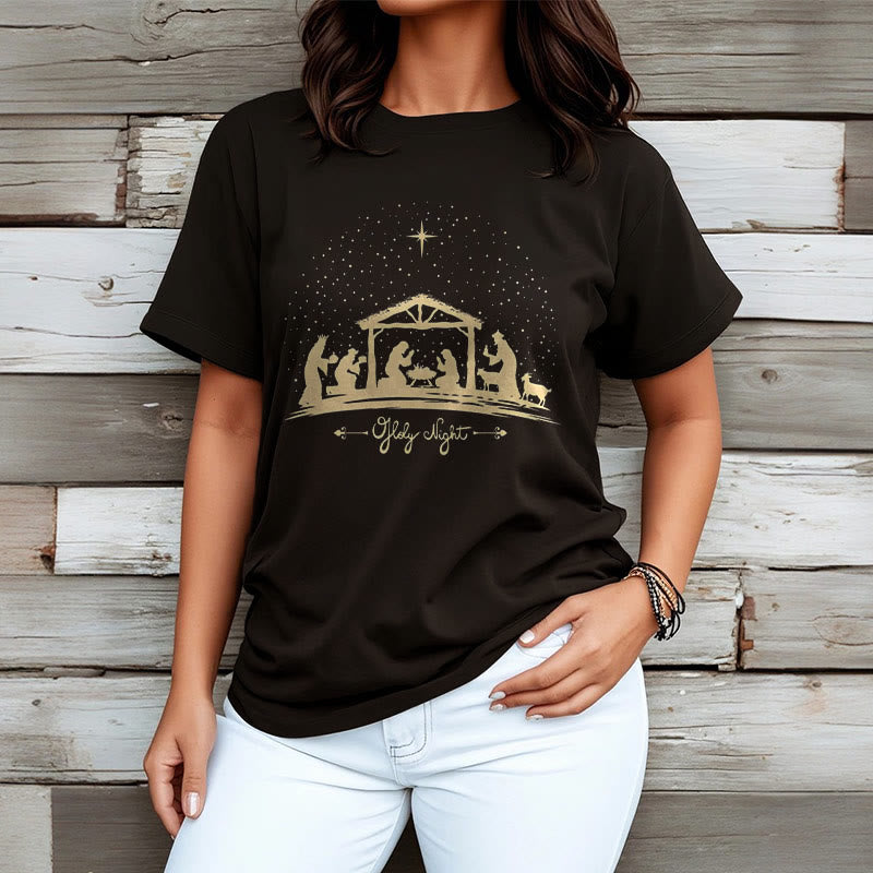 christiandiscipleshop Modern Style Nativity Scene Holy Night Silhouett Short Sleeve Washed T-shirt