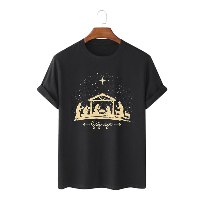 christiandiscipleshop Modern Style Nativity Scene Holy Night Silhouett Short Sleeve Washed T-shirt