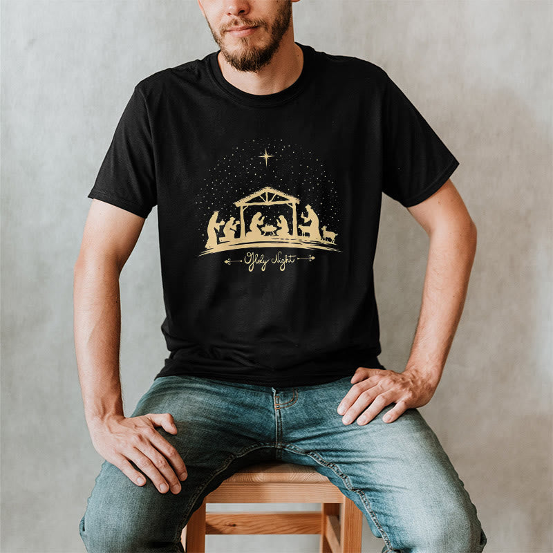 christiandiscipleshop Modern Style Nativity Scene Holy Night Silhouett Short Sleeve Washed T-shirt