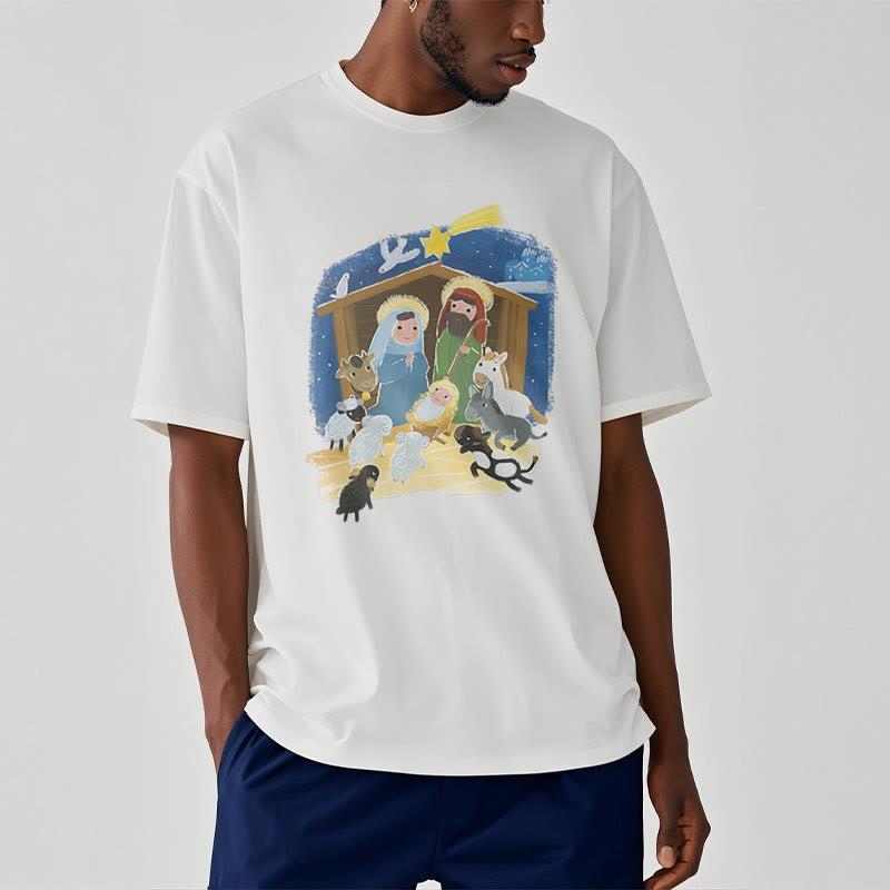 Christiandiscipleshop Colored Style Cartoon Nativity Scene Graphic Short Sleeve Washed T-shirt