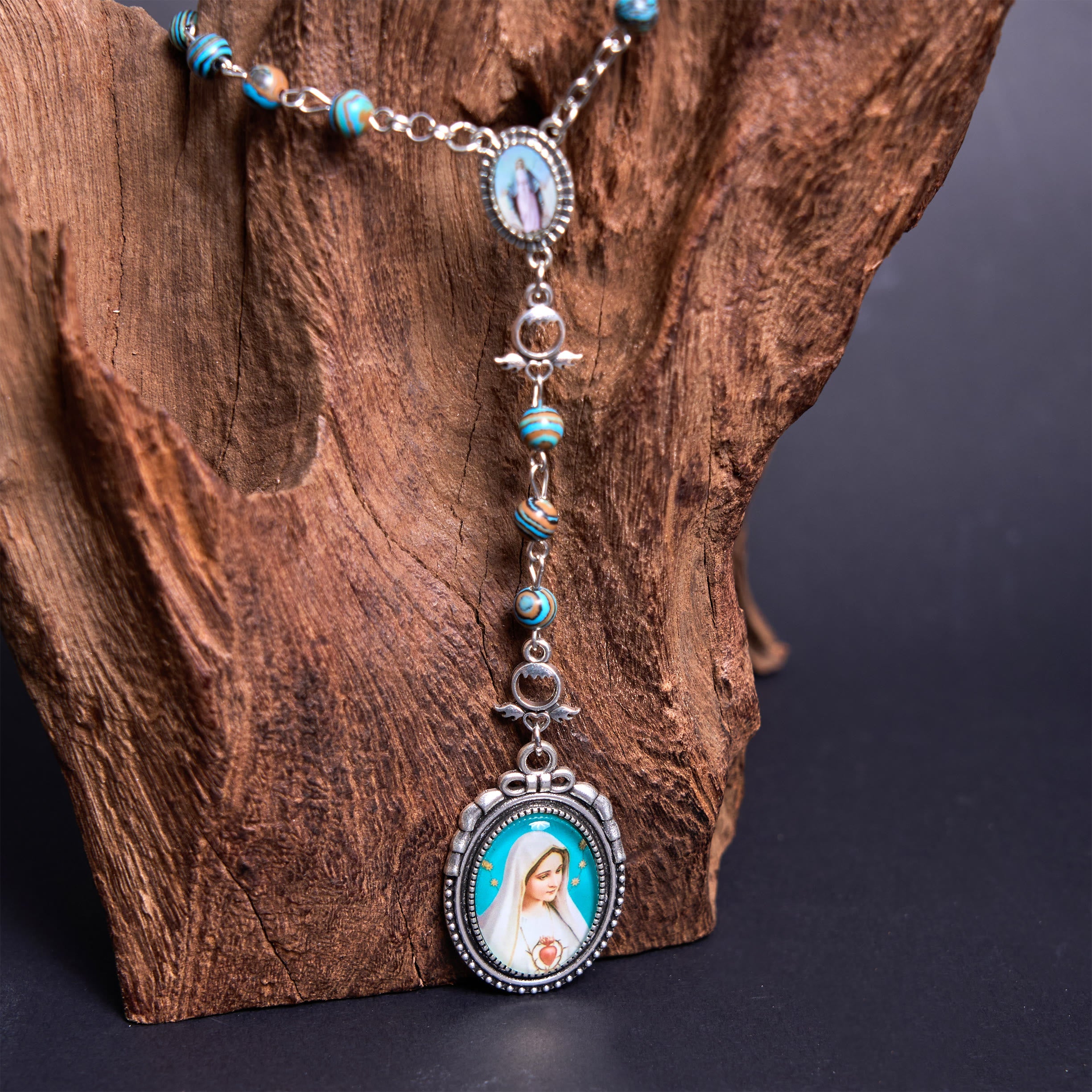 christiandiscipleshop Miraculous Medal & Crucifix of 6 mm Round Green Malachite Alloy Chain Rosary