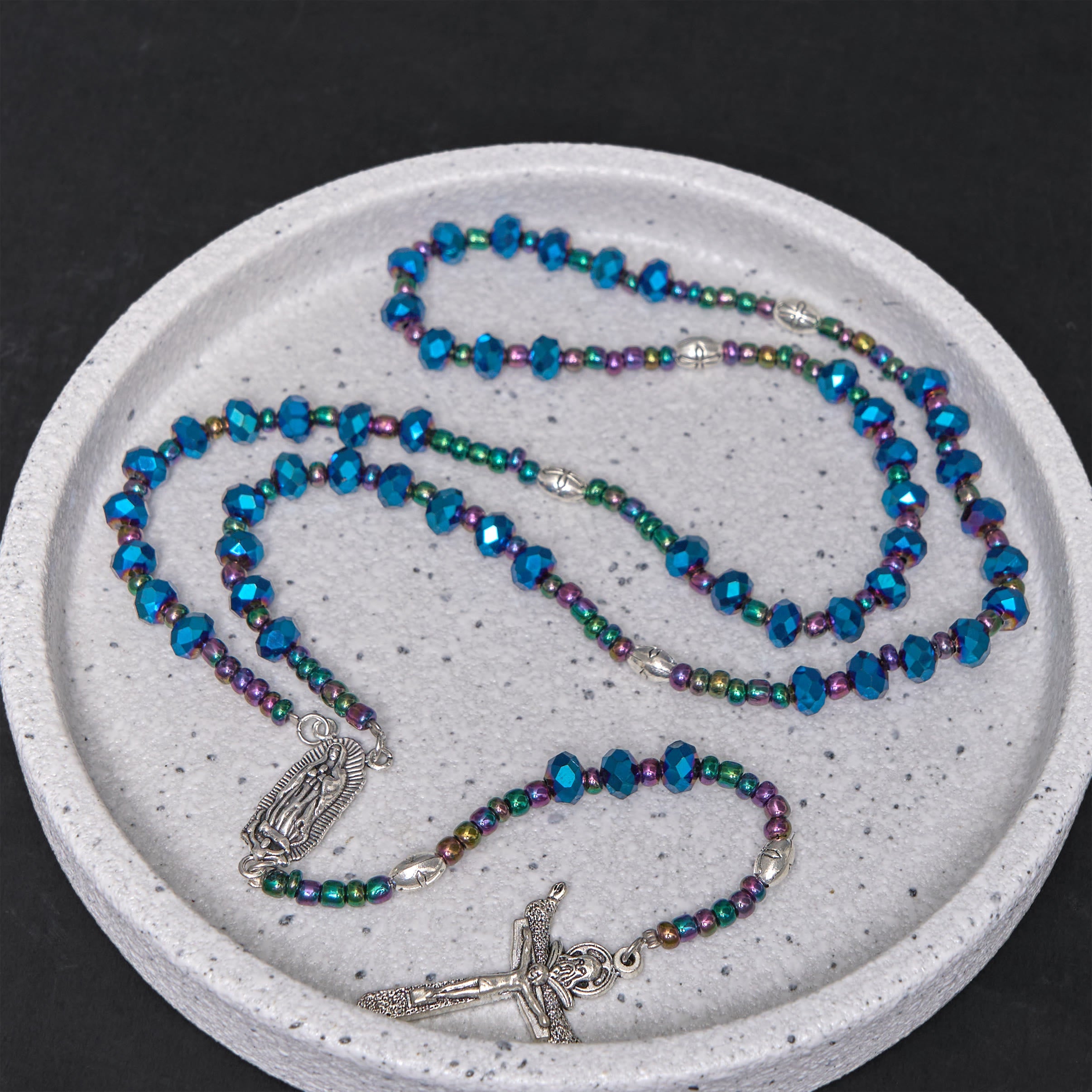 Christiandiscipleshop Our Lady of Guadalupe & Trinity Cross of 4*6 mm Polyhedron Blue Crystal Nylon Cord Rosary
