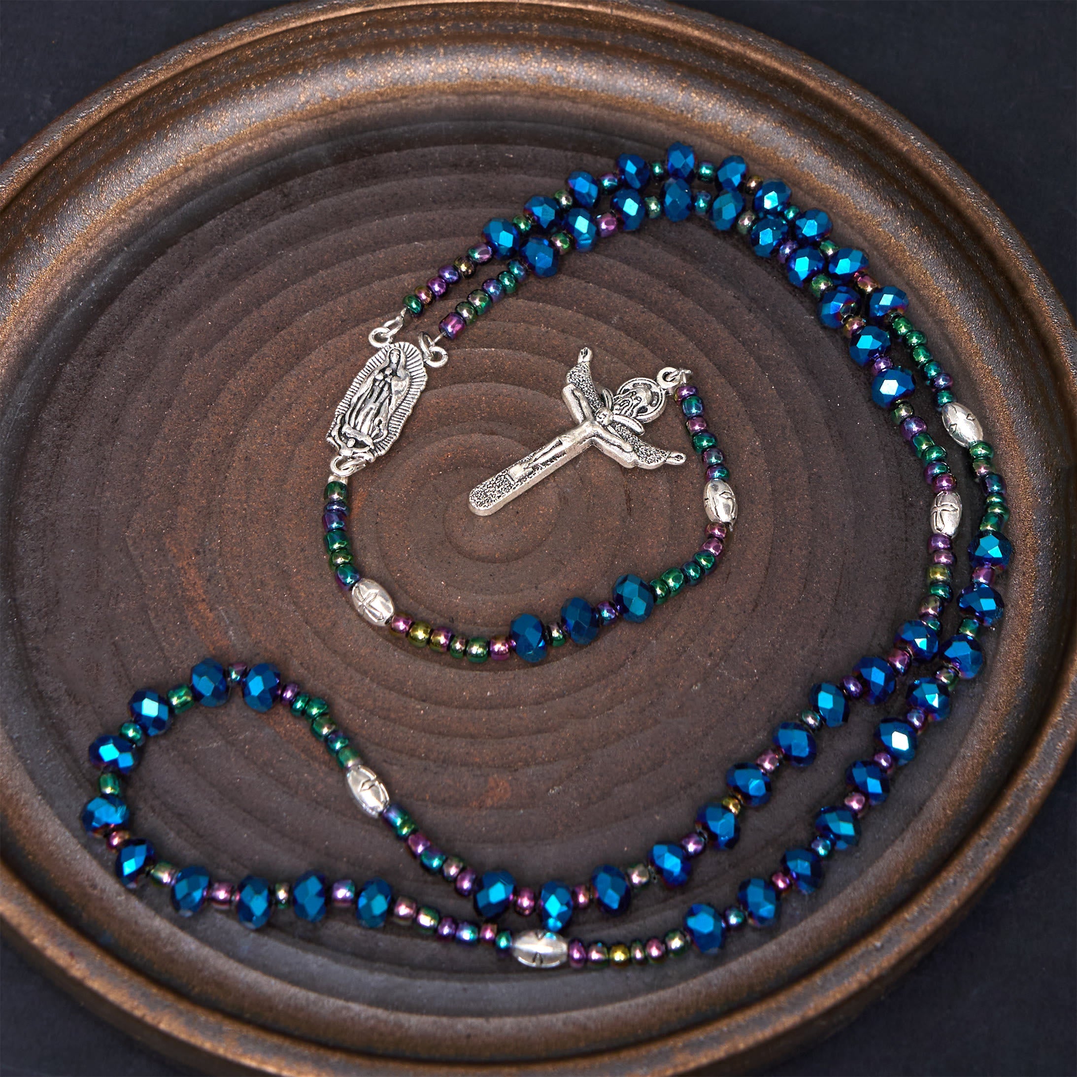 Christiandiscipleshop Our Lady of Guadalupe & Trinity Cross of 4*6 mm Polyhedron Blue Crystal Nylon Cord Rosary