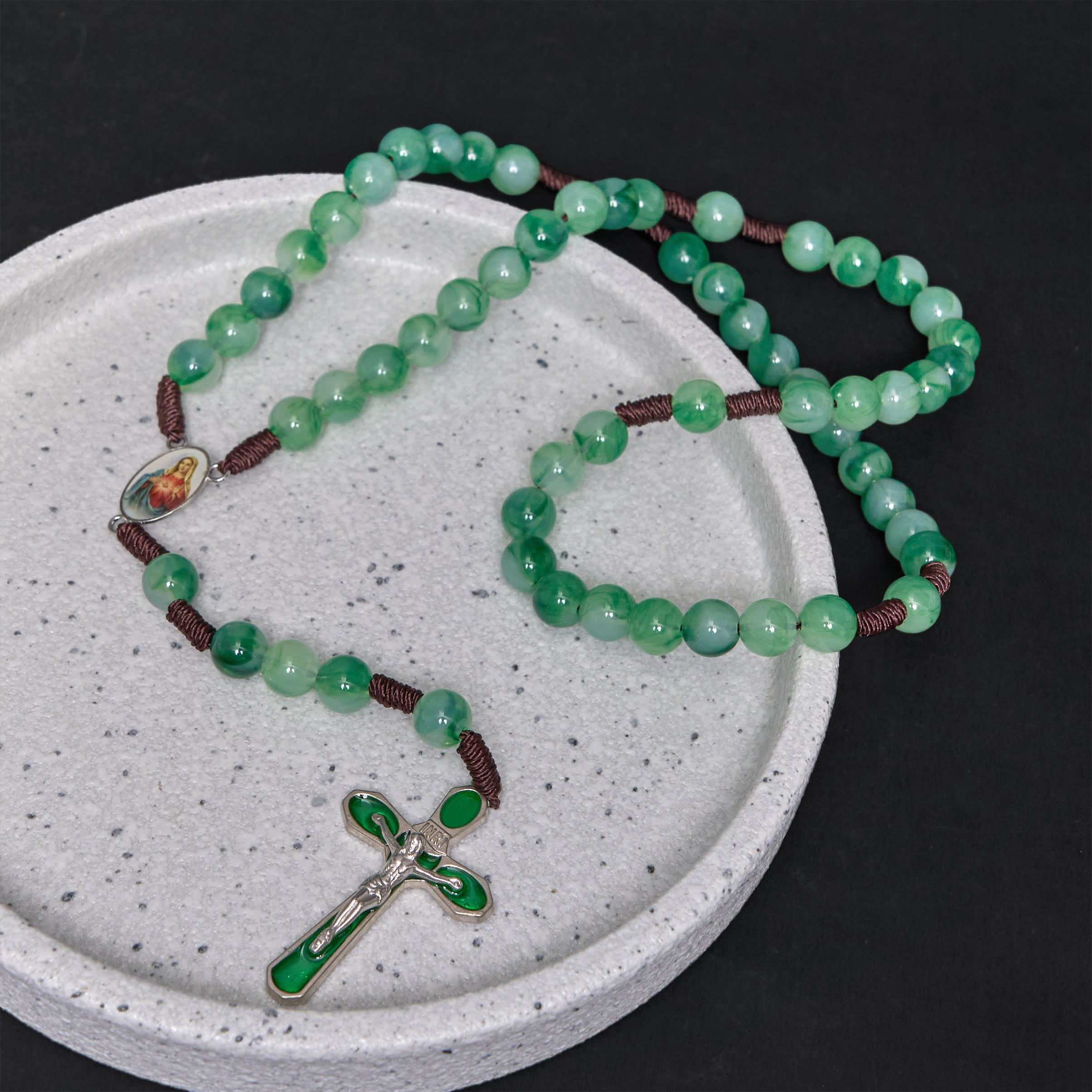 christiandiscipleshop Immaculate Heart of Mary & Crucifix of 10 mm Round Green Acrylic Nylon Cord Rosary