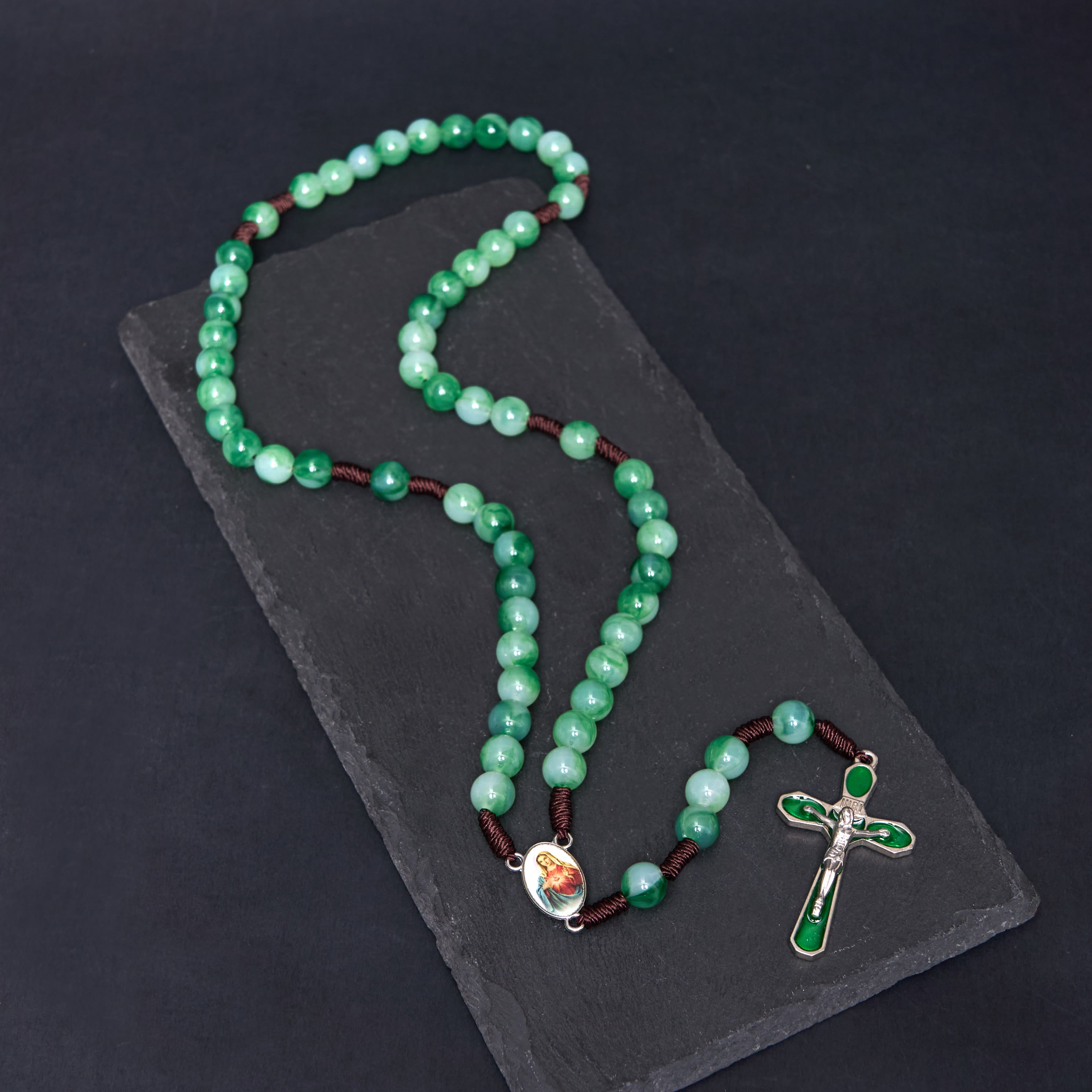 christiandiscipleshop Immaculate Heart of Mary & Crucifix of 10 mm Round Green Acrylic Nylon Cord Rosary
