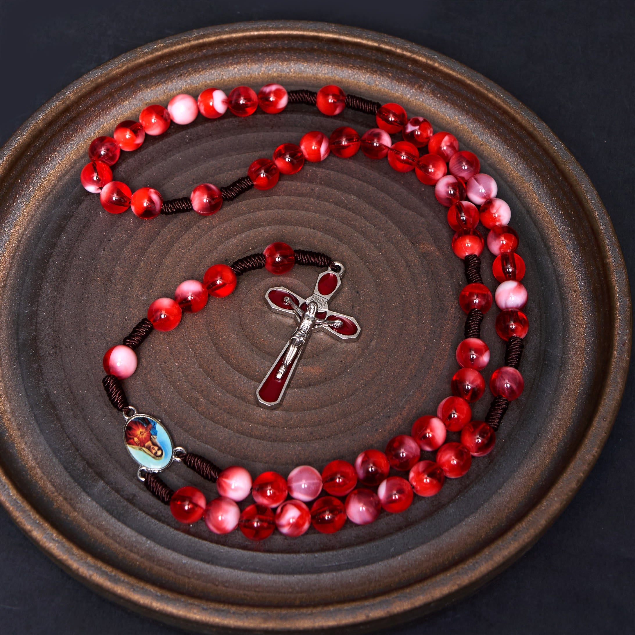 christiandiscipleshop Immaculate Heart of Mary & Crucifix of 10 mm Round Red Acrylic Nylon Cord Rosary