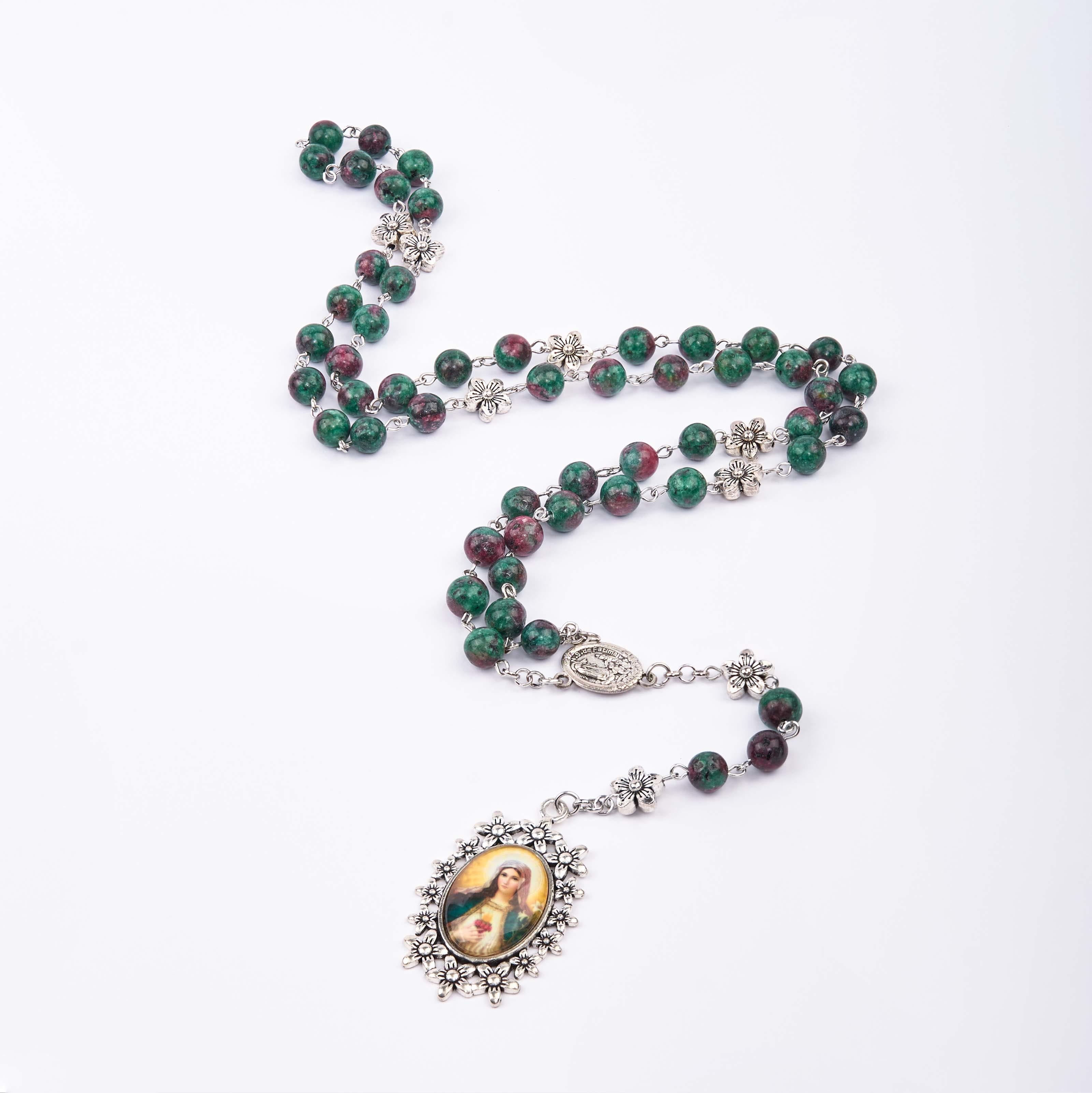 Christiandiscipleshop Our Lady of Fátima & Immaculate Heart of Mary of 8 mm Round Green Natural Stone Alloy Chain Rosary