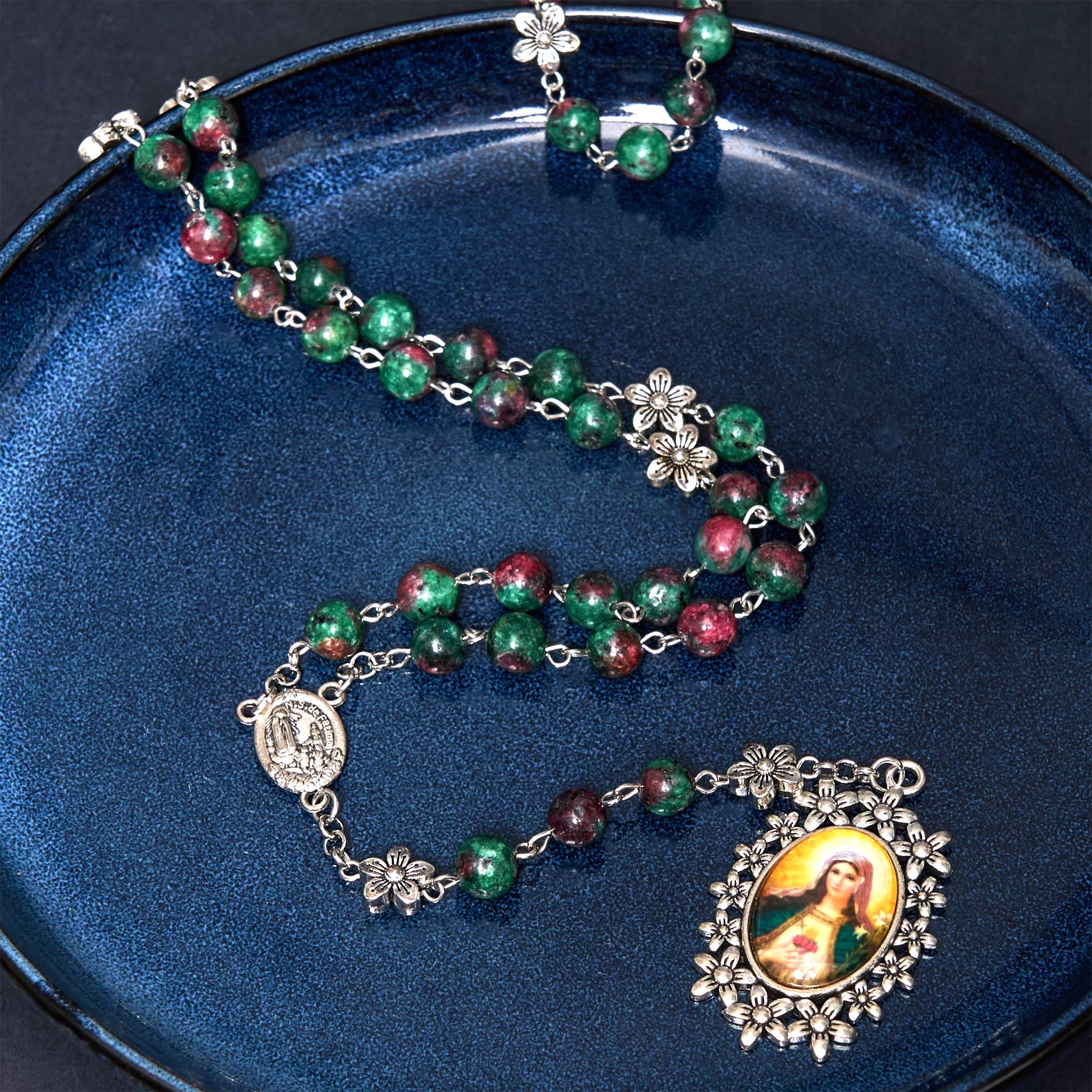 Christiandiscipleshop Our Lady of Fátima & Immaculate Heart of Mary of 8 mm Round Green Natural Stone Alloy Chain Rosary