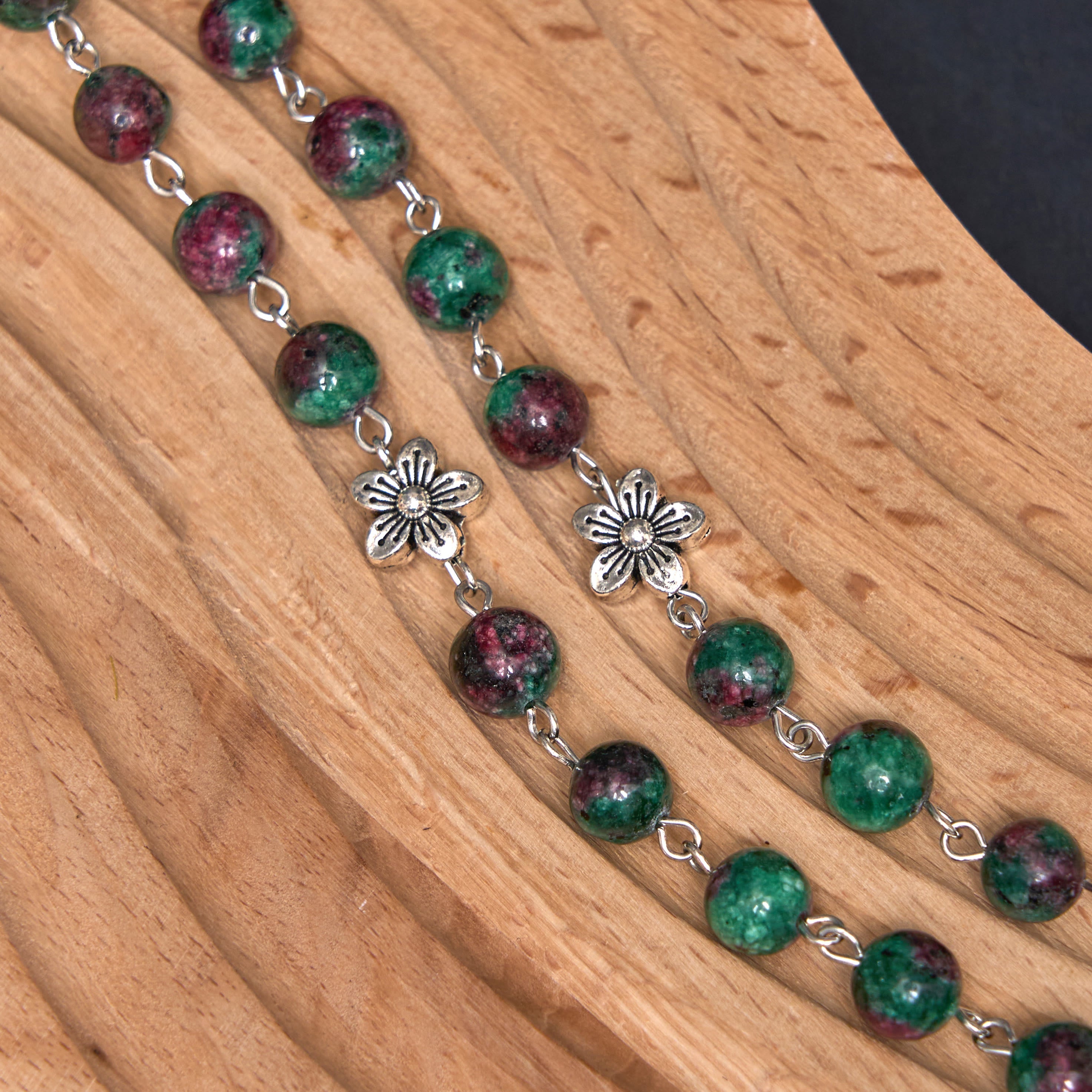 Christiandiscipleshop Our Lady of Fátima & Immaculate Heart of Mary of 8 mm Round Green Natural Stone Alloy Chain Rosary