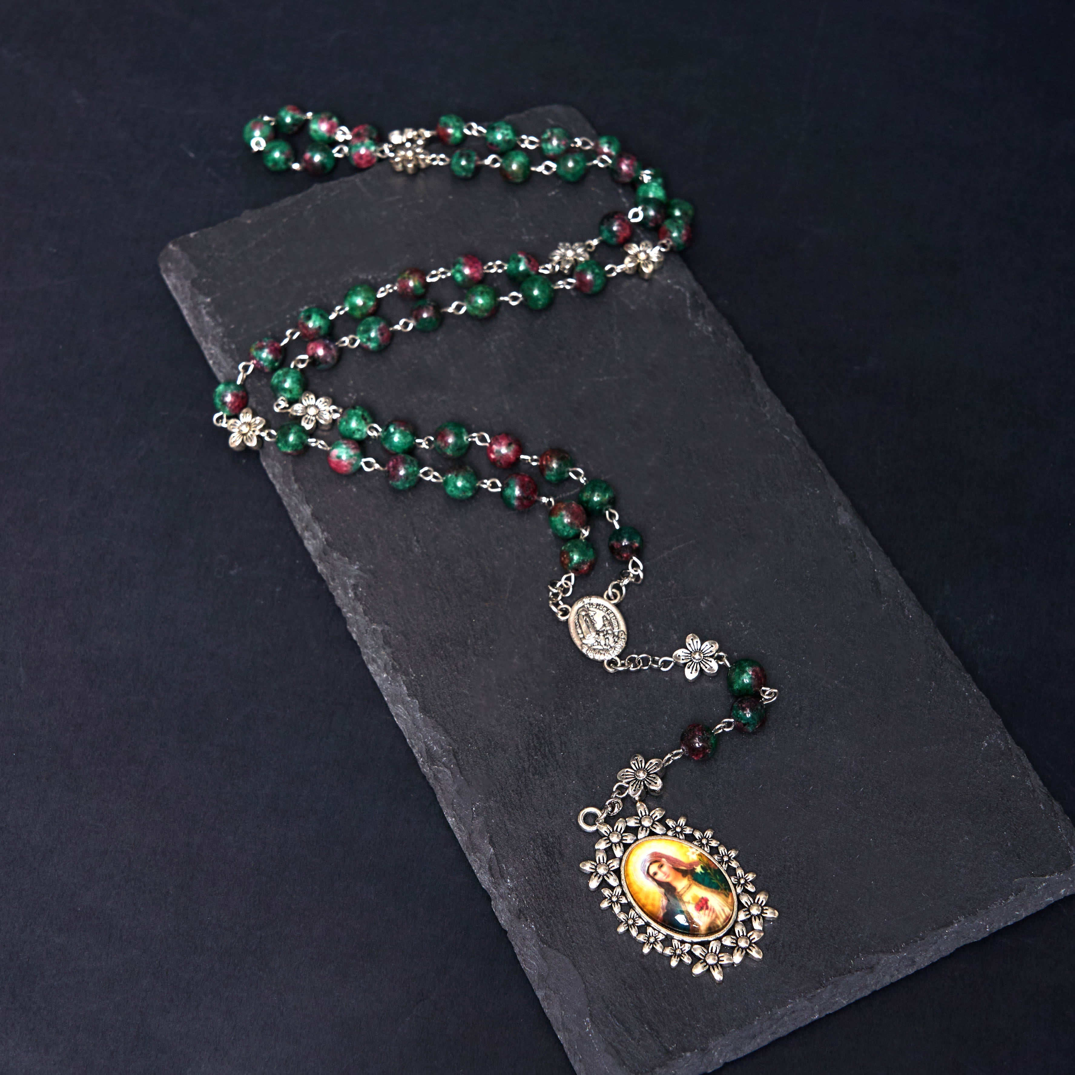 Christiandiscipleshop Our Lady of Fátima & Immaculate Heart of Mary of 8 mm Round Green Natural Stone Alloy Chain Rosary