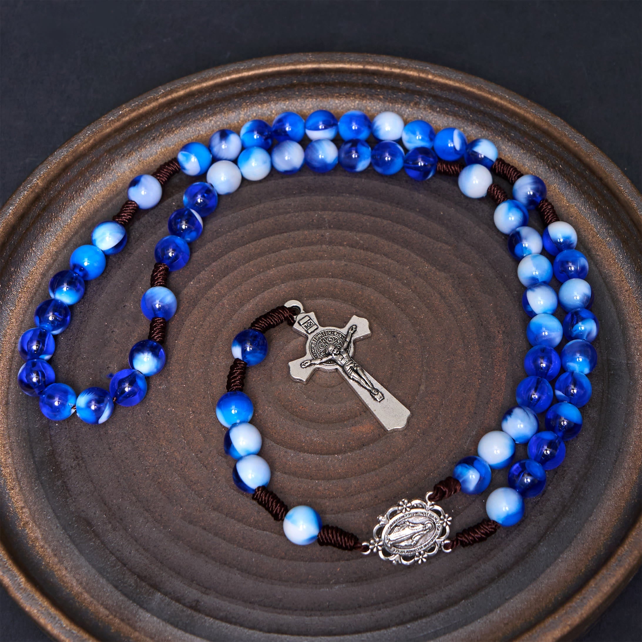 christiandiscipleshop Miraculous Medal & Crucifix of 10 mm Round Blue/Purple Acrylic Nylon Cord Rosary