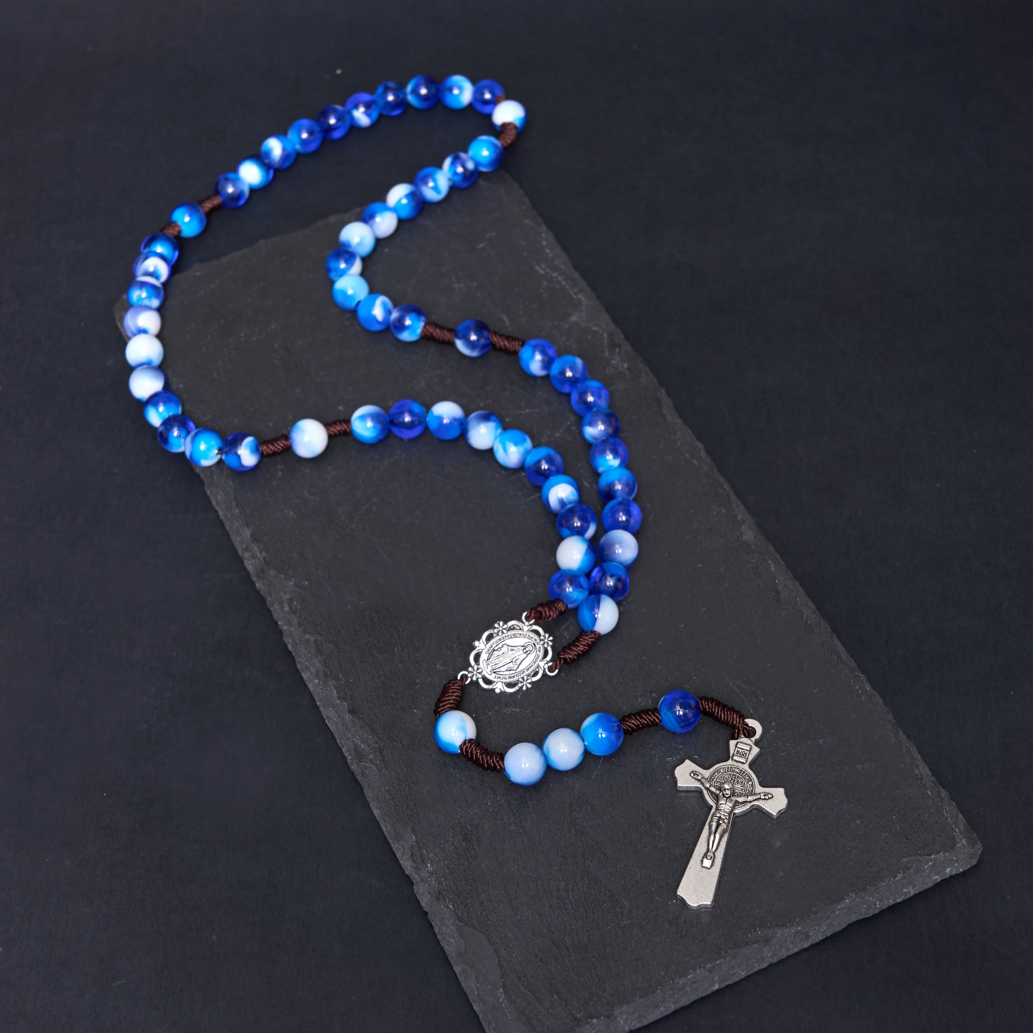 christiandiscipleshop Miraculous Medal & Crucifix of 10 mm Round Blue/Purple Acrylic Nylon Cord Rosary