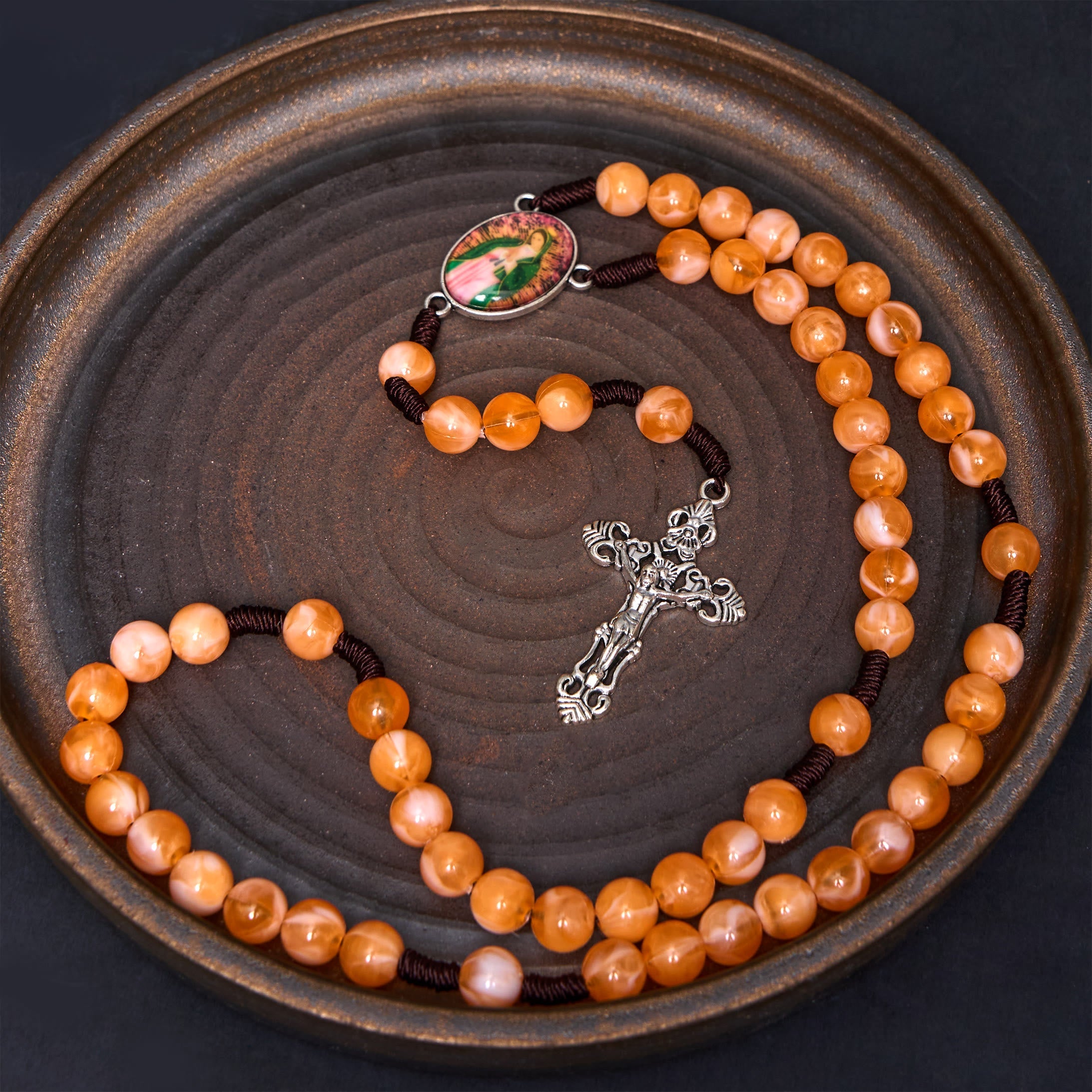 Christiandiscipleshop Our Lady of Guadalupe & Crucifix of 10 mm Round Orange Acrylic Nylon Cord Rosary