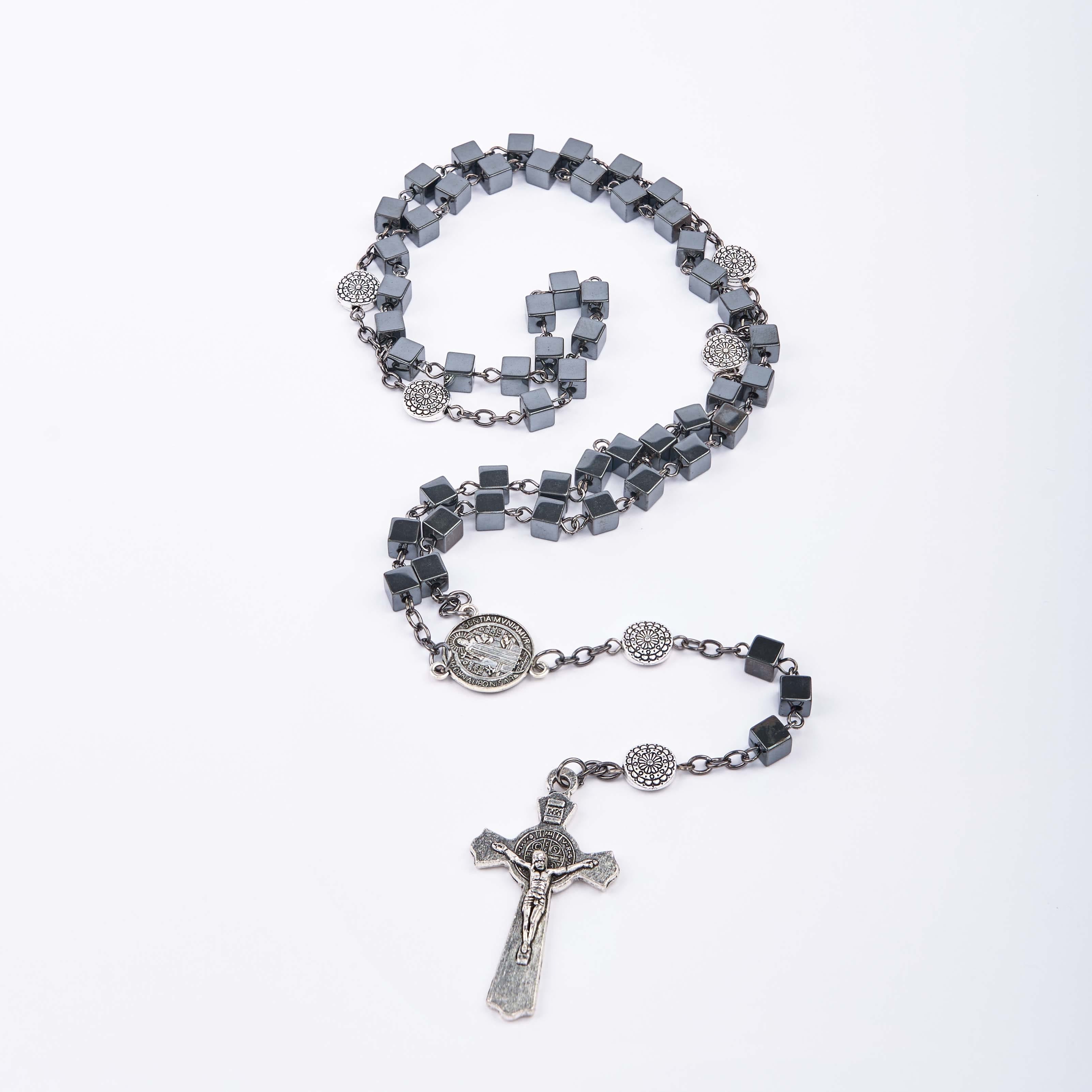 Christiandiscipleshop St. Benedict Medal & Crucifix of 6 mm Square Black Gallstone Alloy Chain Rosary