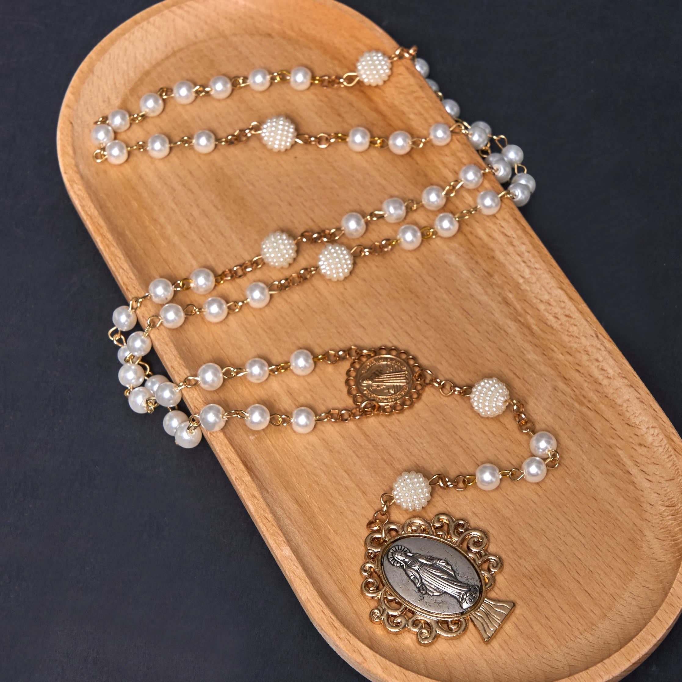 Christiandiscipleshop St. Benedict Medal & Miraculous Medal of 6*10 mm Round White Pearl Alloy Chain Rosary
