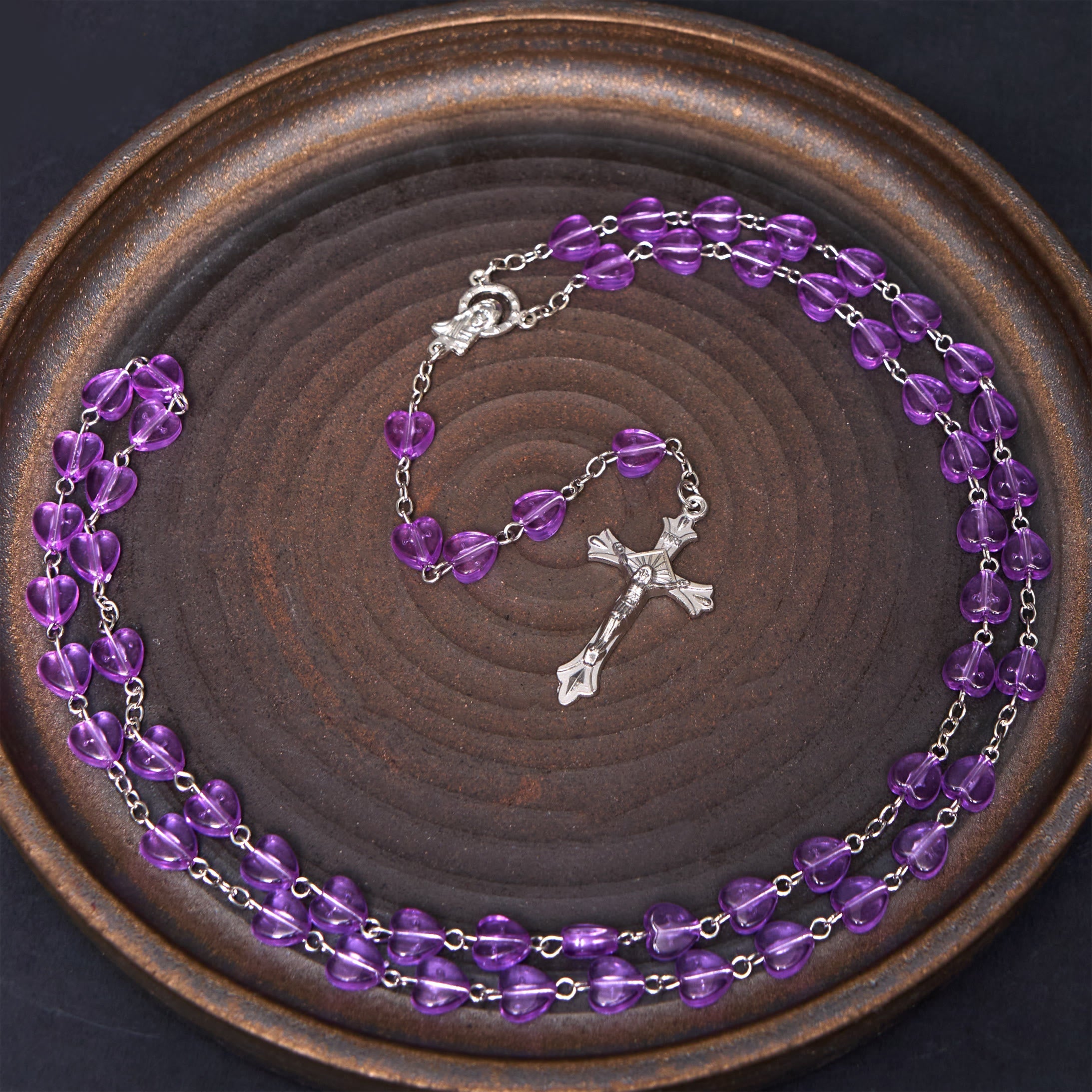 Christiandiscipleshop Our Lady of the Rosary & Crucifix of 8 mm Heart Purple Acrylic Alloy Chain Rosary