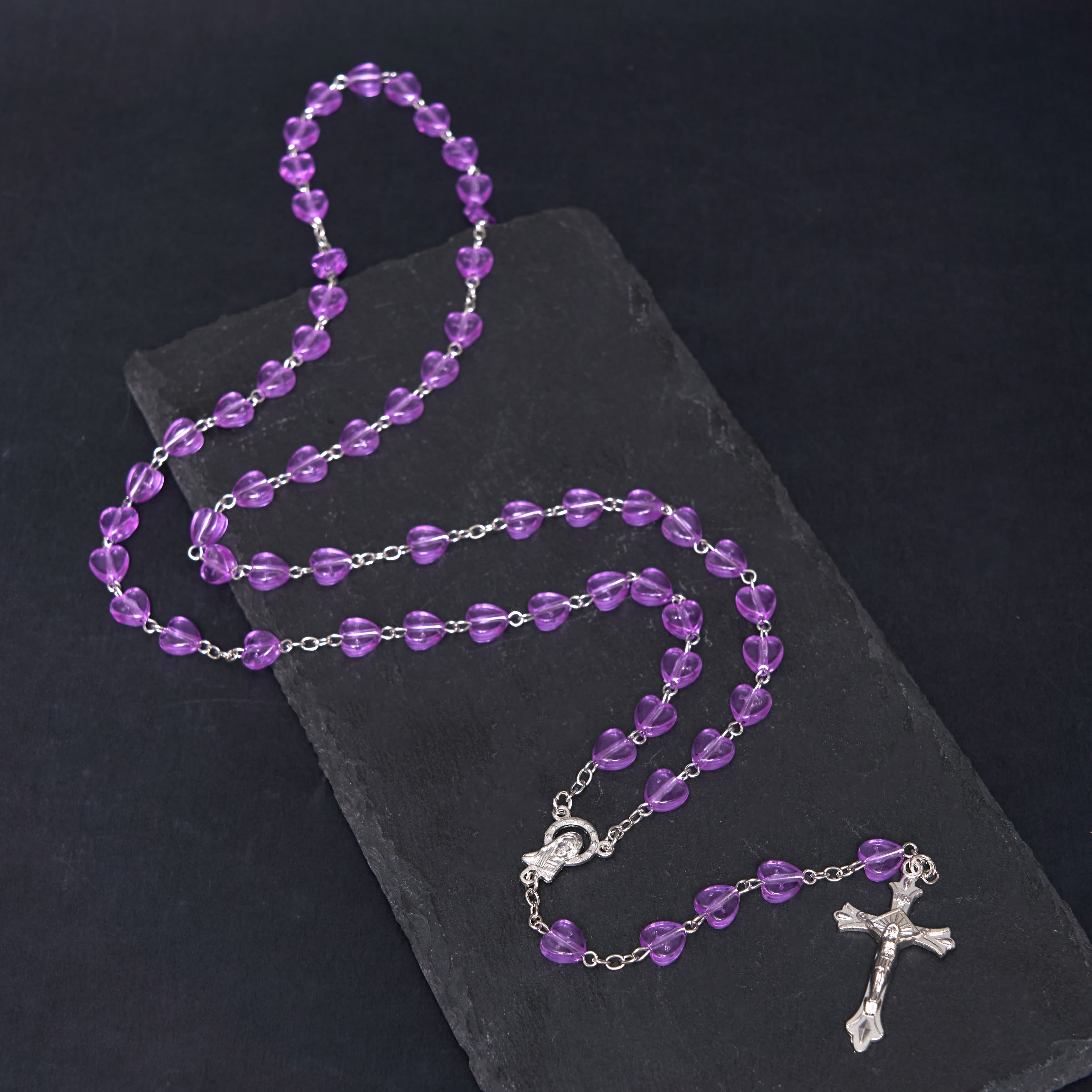 Christiandiscipleshop Our Lady of the Rosary & Crucifix of 8 mm Heart Purple Acrylic Alloy Chain Rosary