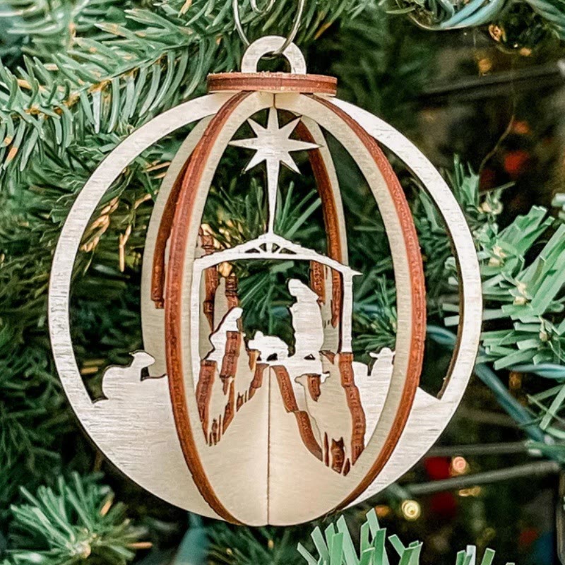 Christiandiscipleshop Rustic Style Nativity Scene Orb Wood Pendant Christmas Nativity Hanging Ornaments