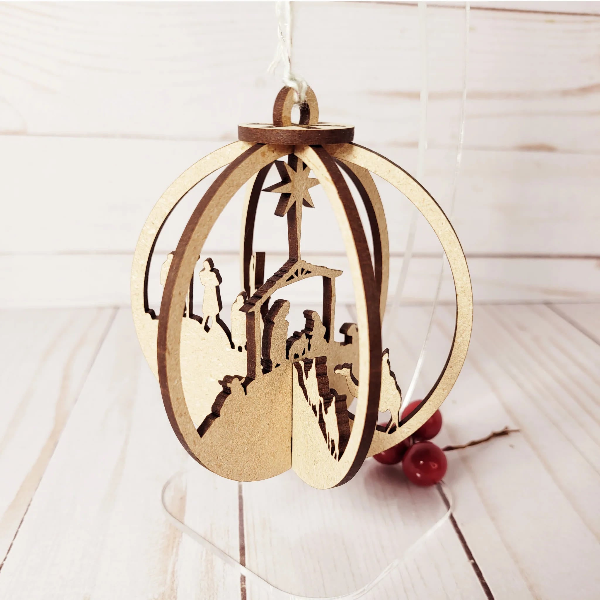 Christiandiscipleshop Rustic Style Nativity Scene Orb Wood Pendant Christmas Nativity Hanging Ornaments