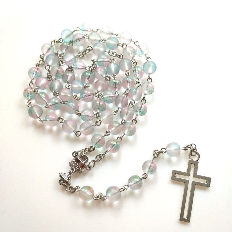 christiandiscipleshop Holy Grail & Cross of 8 mm Round Multicolor Glass Alloy Chain Rosary