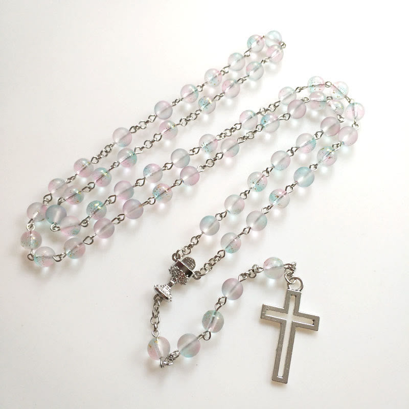 christiandiscipleshop Holy Grail & Cross of 8 mm Round Multicolor Glass Alloy Chain Rosary