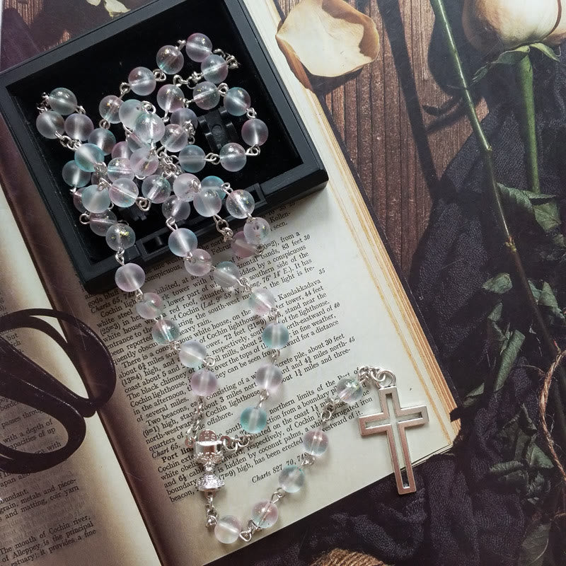 christiandiscipleshop Holy Grail & Cross of 8 mm Round Multicolor Glass Alloy Chain Rosary
