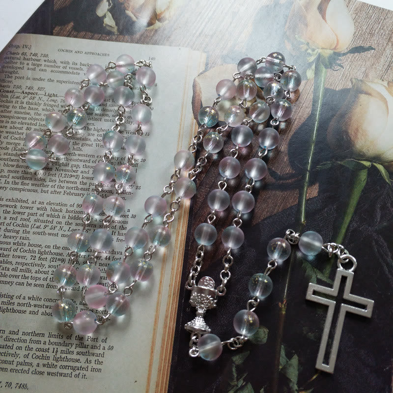 christiandiscipleshop Holy Grail & Cross of 8 mm Round Multicolor Glass Alloy Chain Rosary