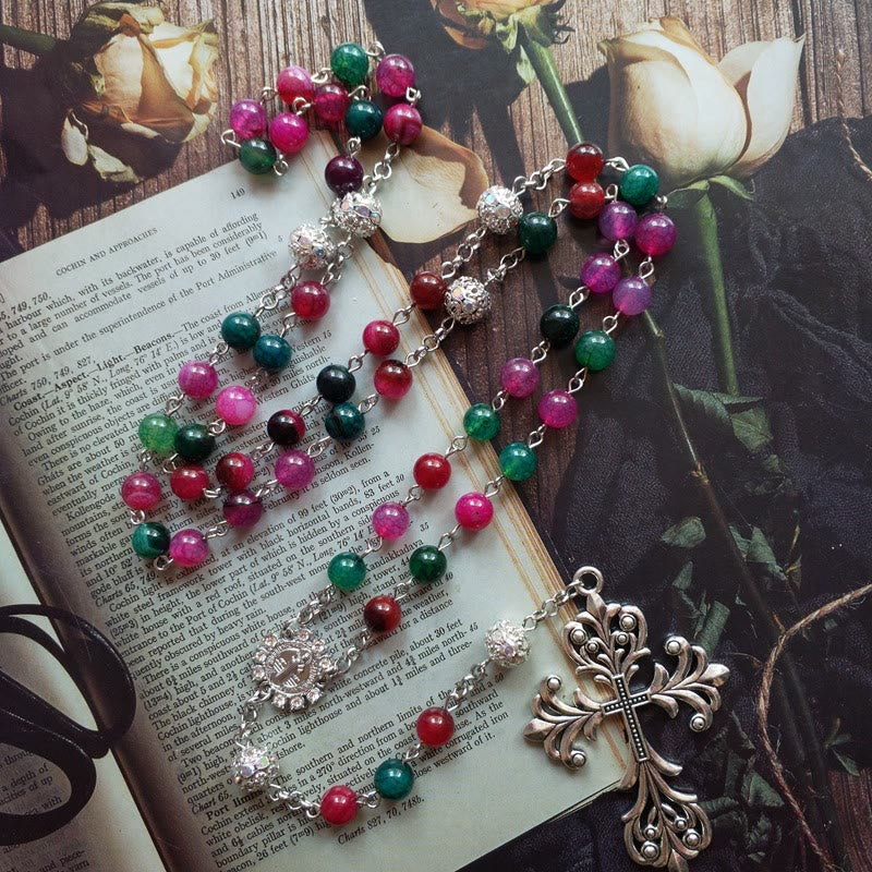 Christiandiscipleshop St. Benedict Medal & Cross of 8 mm Round Multicolor Natural Tourmaline Agate Alloy Chain Rosary