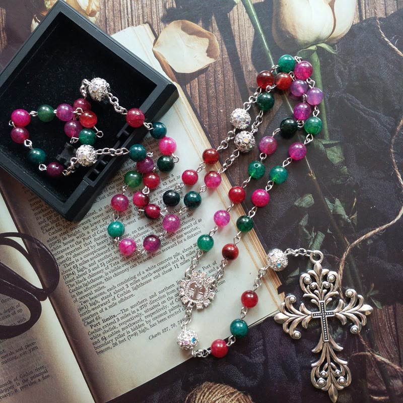 Christiandiscipleshop St. Benedict Medal & Cross of 8 mm Round Multicolor Natural Tourmaline Agate Alloy Chain Rosary