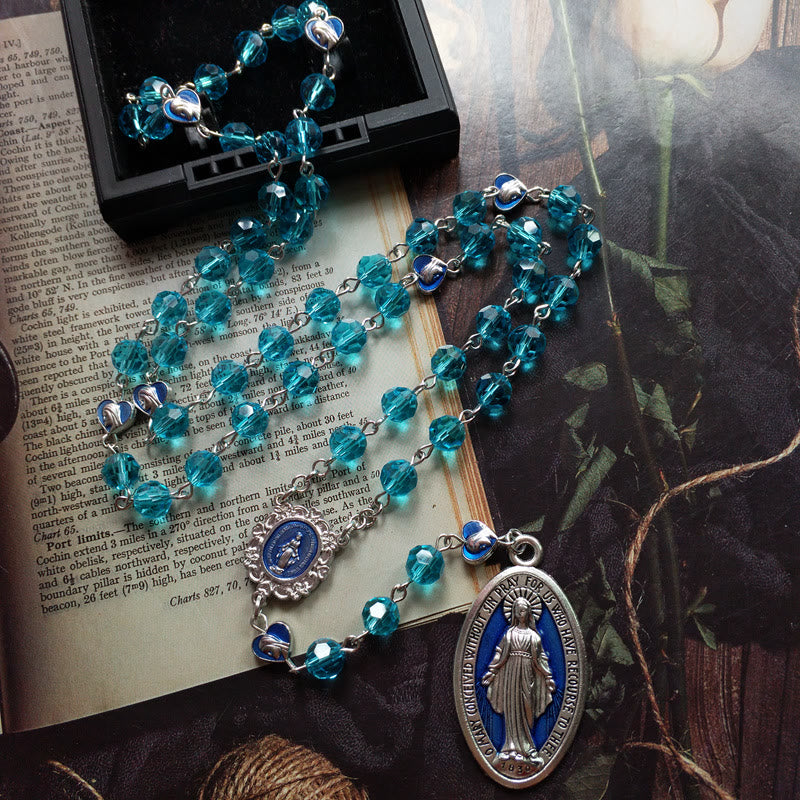christiandiscipleshop Miraculous Medal of 8 mm Round Blue Glass Cystal Alloy Chain Rosary