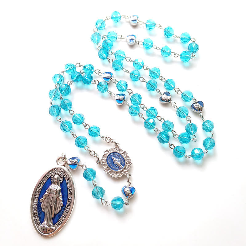 christiandiscipleshop Miraculous Medal of 8 mm Round Blue Glass Cystal Alloy Chain Rosary